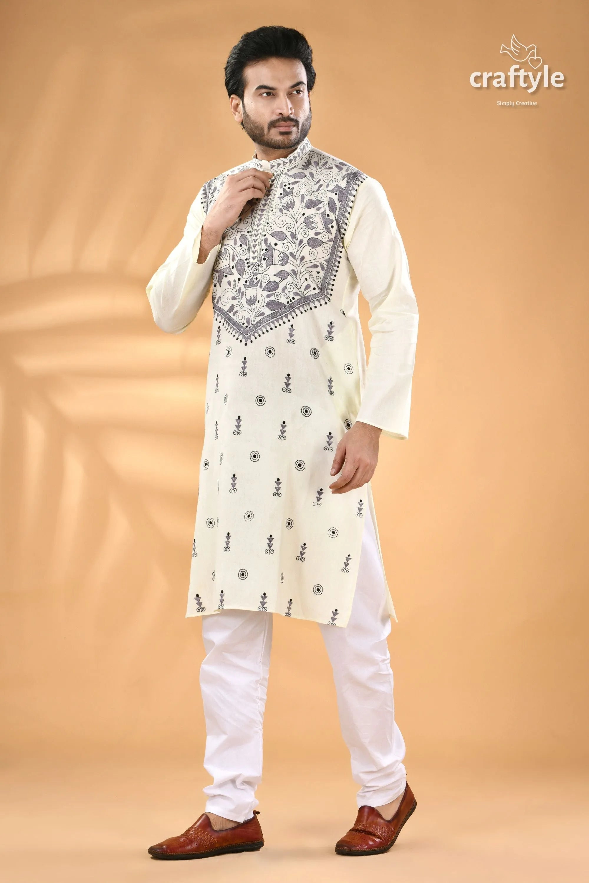Powder white kantha stitch designer cotton panjabi for men men’s off-white kurta intricate black 4