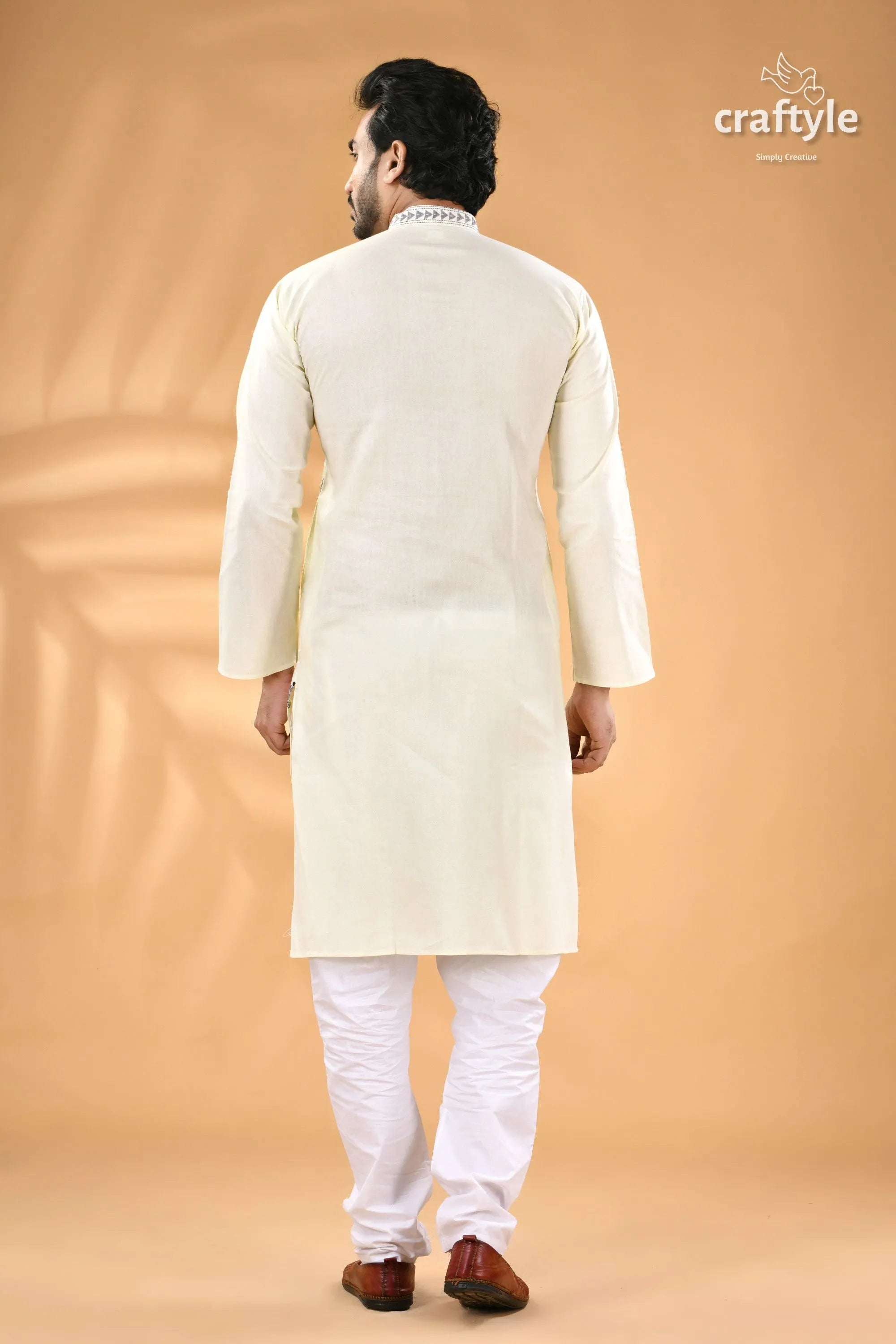 Powder white kantha stitch designer cotton panjabi for men men’s off-white kurta 6