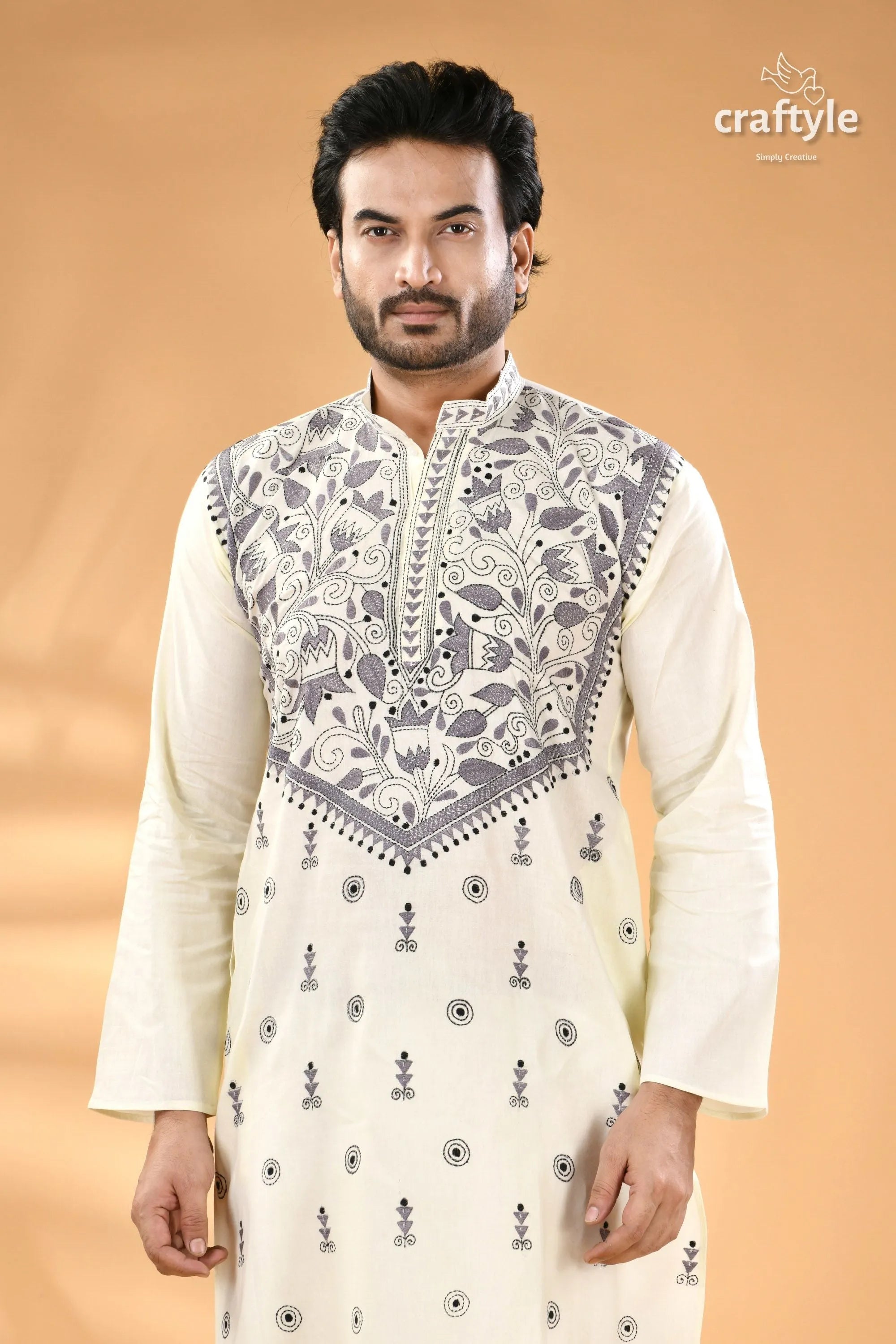 Powder white kantha stitch designer cotton panjabi for men men’s off-white kurta black embroidered 2