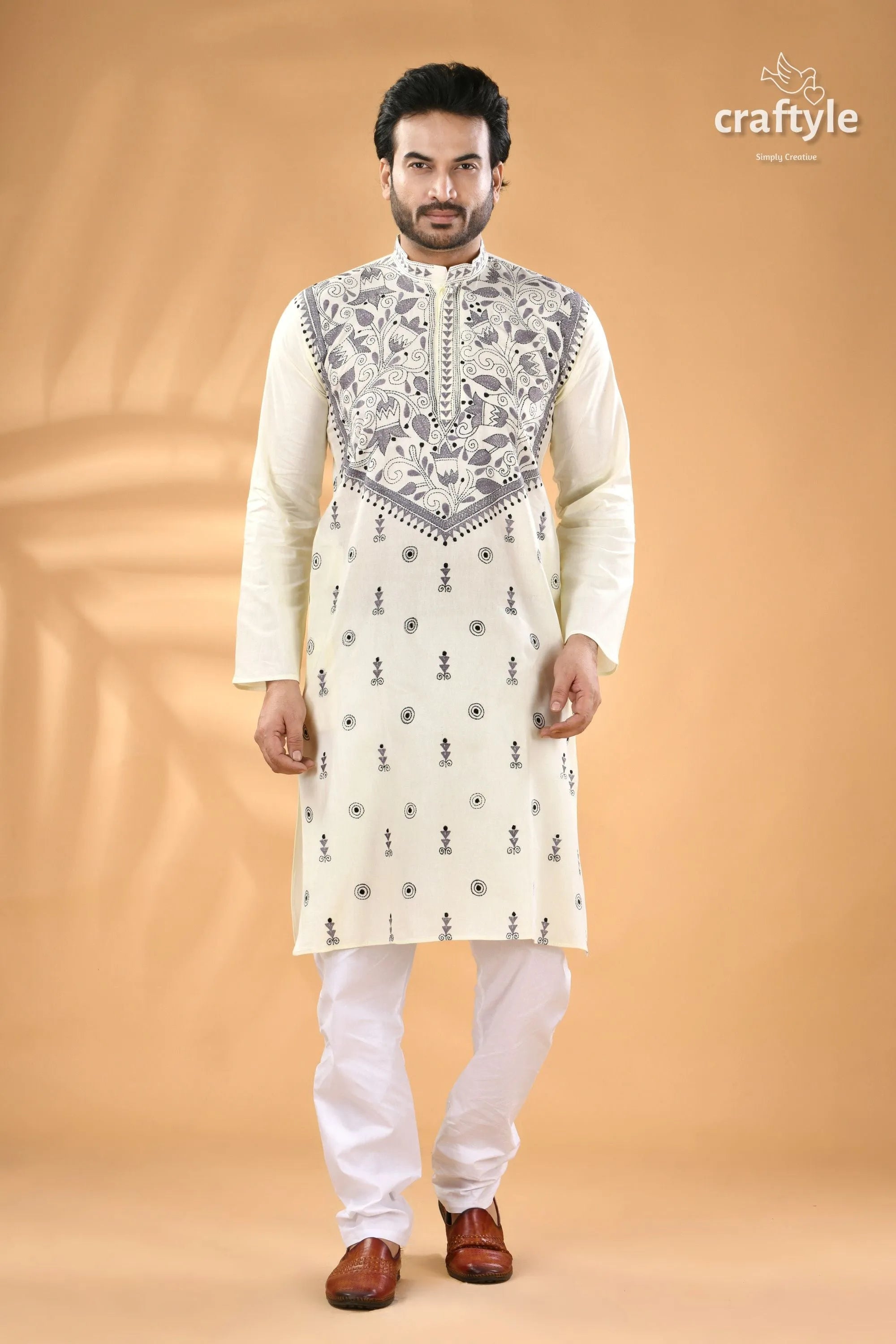 Powder white kantha stitch designer cotton panjabi for men men’s cream-colored kurta intricate black 1
