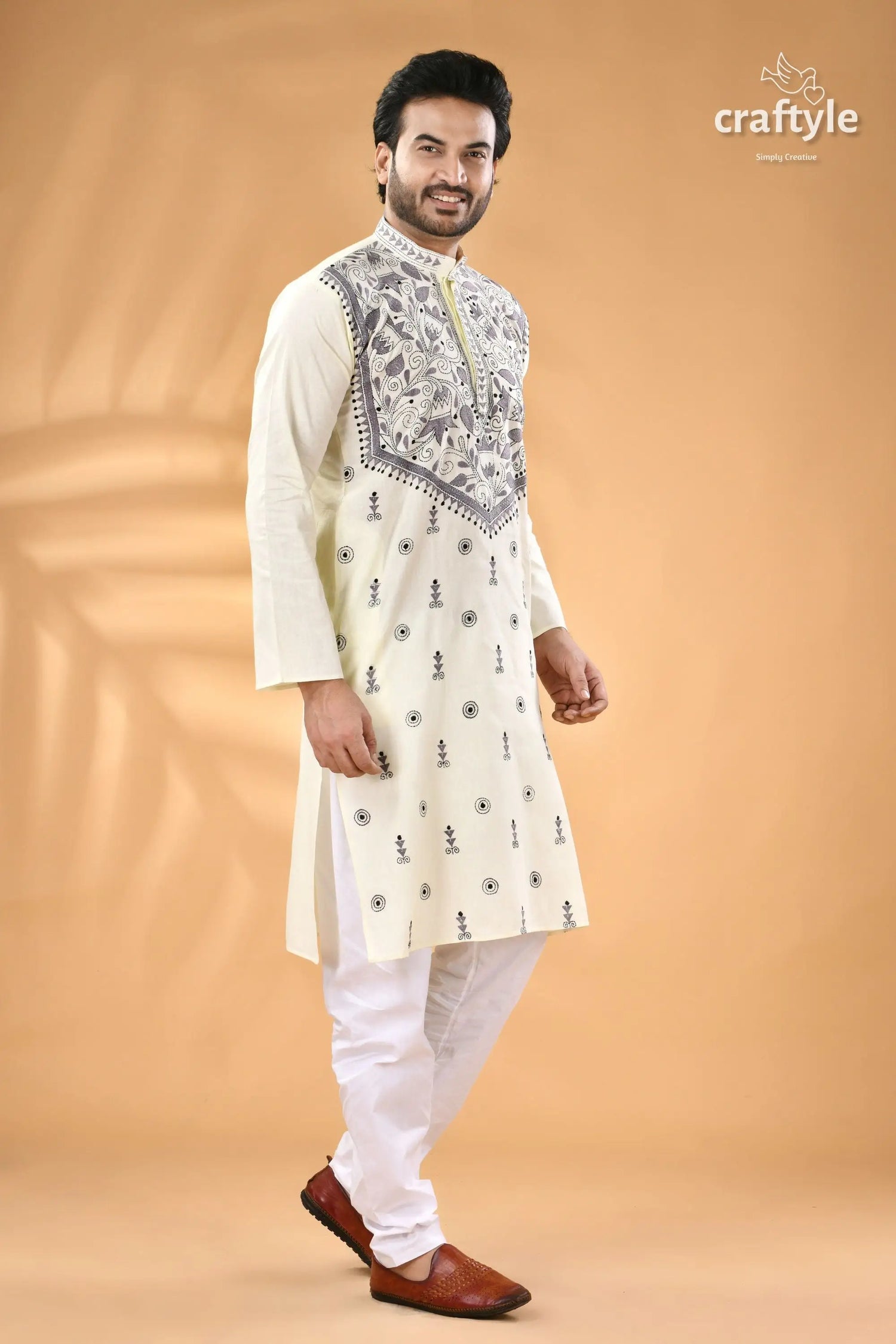 Powder white kantha stitch designer cotton panjabi for men men’s off white embroidered kurta 3