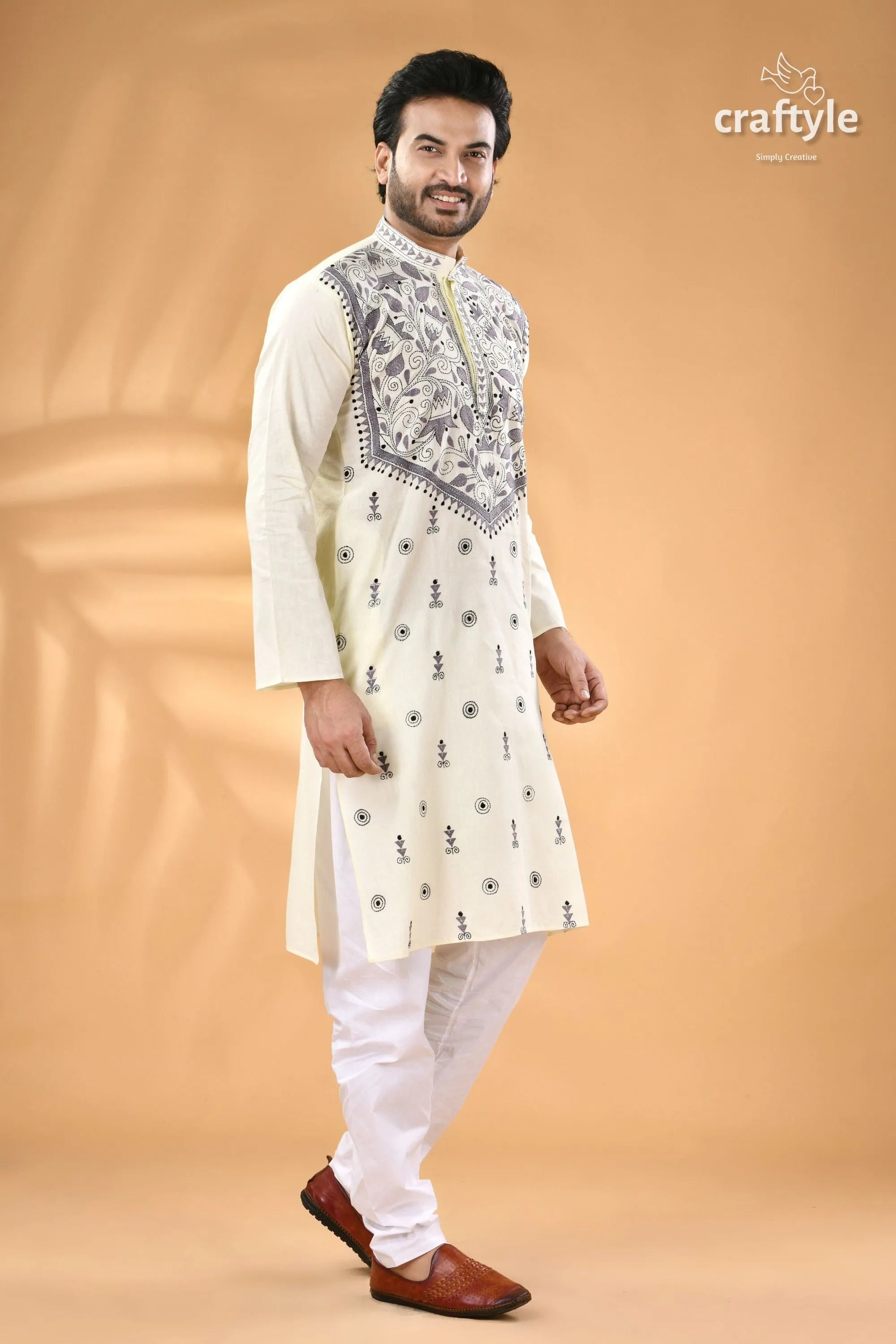 Powder white kantha stitch designer cotton panjabi for men men’s off-white embroidered kurta 3