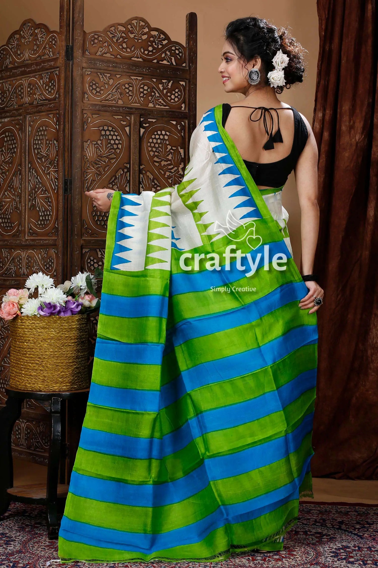 Poweder white hand block pure mulberry silk saree woman white blue green striped 5