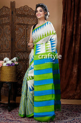 Poweder white hand block pure mulberry silk saree woman white blue green saree 4