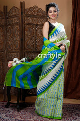 Poweder white hand block pure mulberry silk saree woman white blue green patterned 2