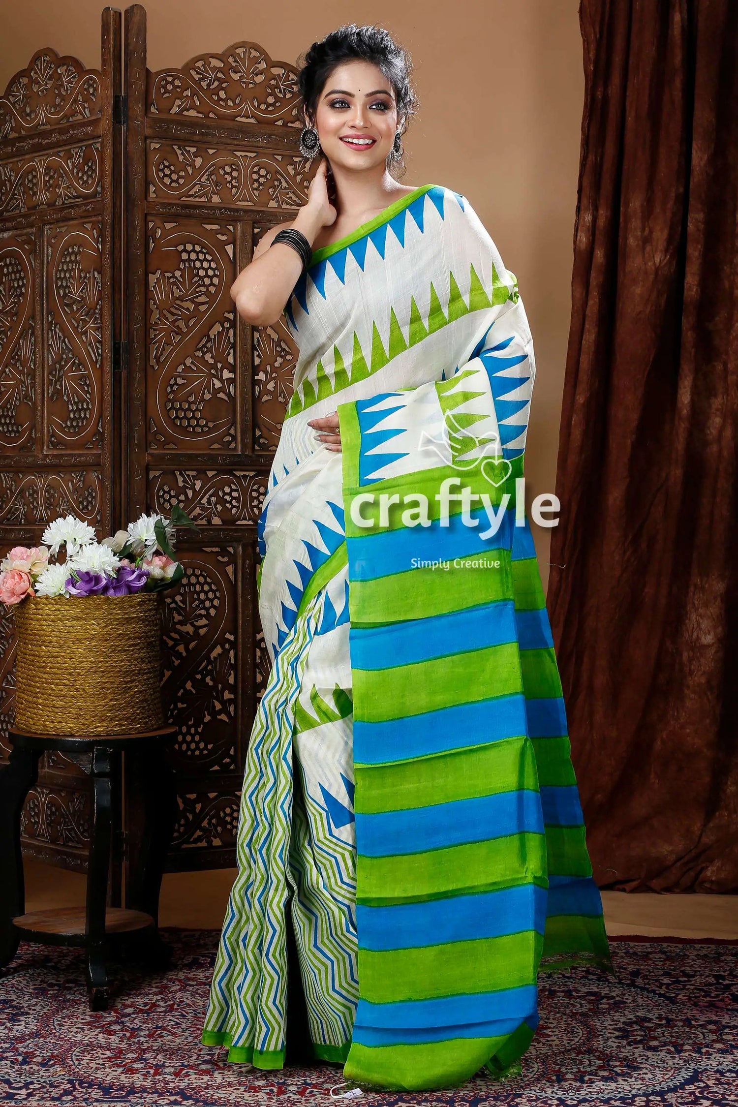 Poweder white hand block pure mulberry silk saree woman white blue-green striped saree 1