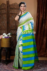 Poweder white hand block pure mulberry silk saree woman white blue-green striped saree 1