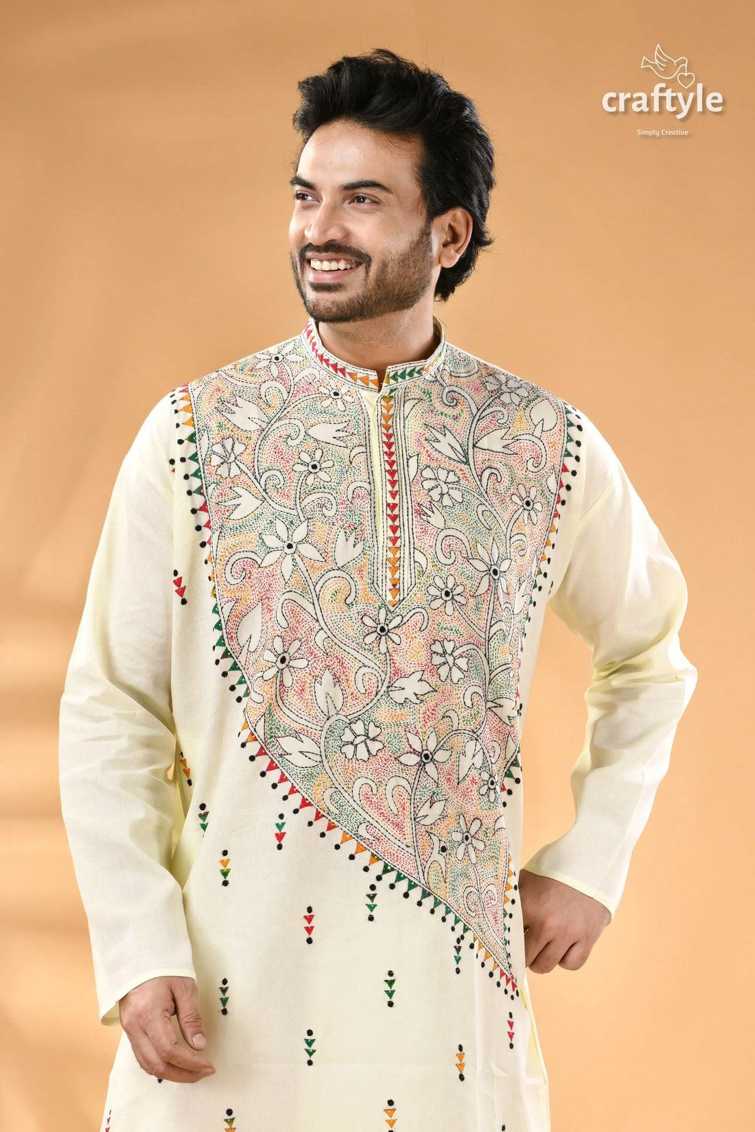 Power white kantha work ethnic cotton kurta for men - reverse stitch men’s cream-colored kurta colorful floral 2