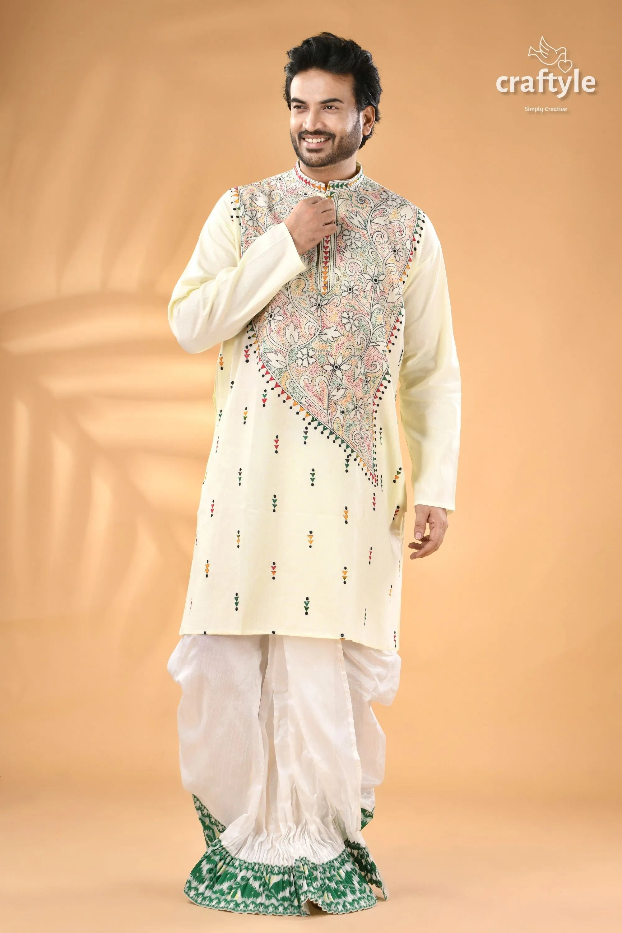 Power white kantha work ethnic cotton kurta for men - reverse stitch men’s cream-colored kurta intricate floral 5