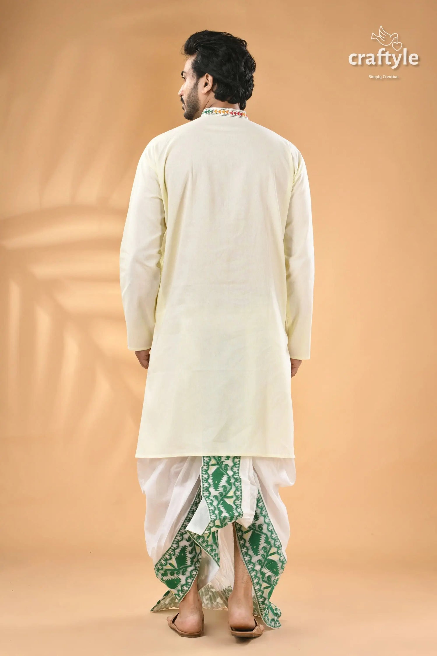 Power white kantha work ethnic cotton kurta for men reverse stitch men’s cream colored kurta white green 6