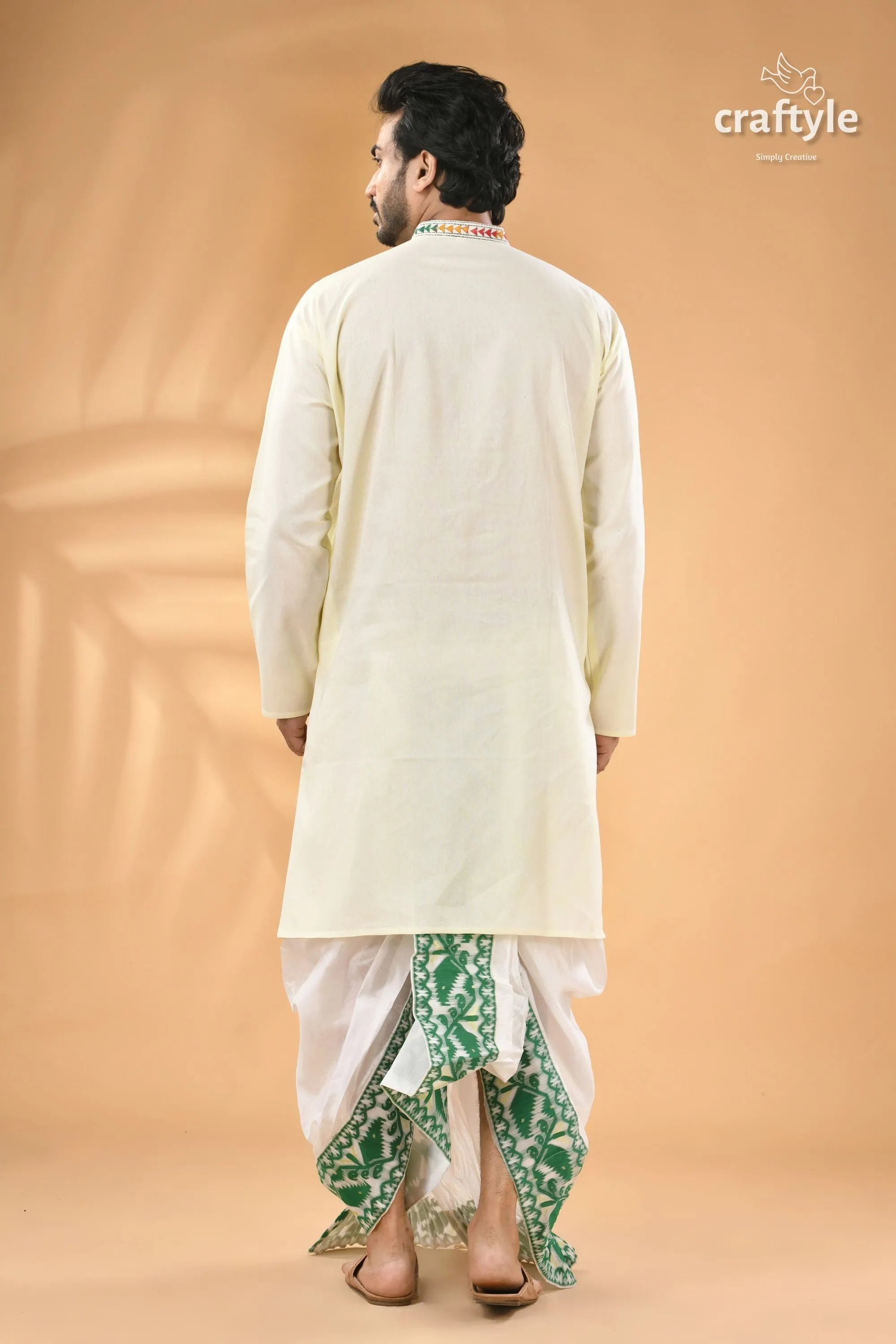 Power white kantha work ethnic cotton kurta for men - reverse stitch men’s cream-colored kurta white green 6