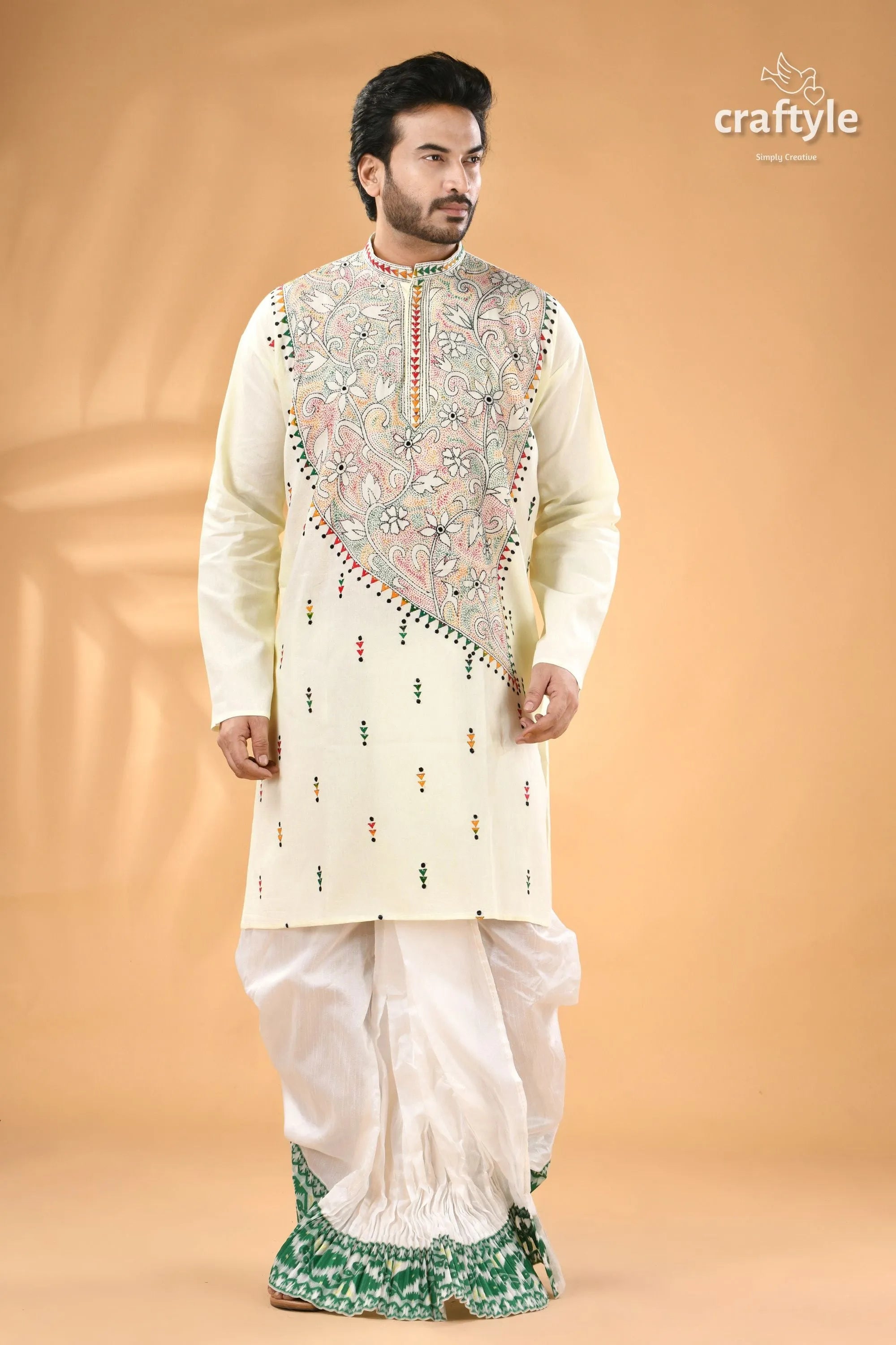 Power white kantha work ethnic cotton kurta for men - reverse stitch men’s cream-colored kurta intricate floral 1