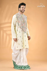 Power white kantha work ethnic cotton kurta for men reverse stitch men’s embroidered cream colored kurta white 3