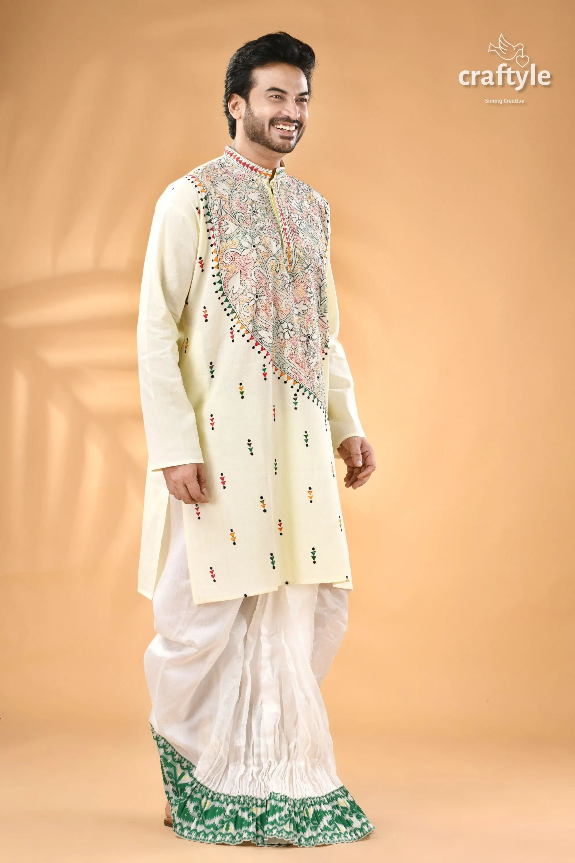 Power white kantha work ethnic cotton kurta for men - reverse stitch men’s embroidered cream-colored kurta white 3