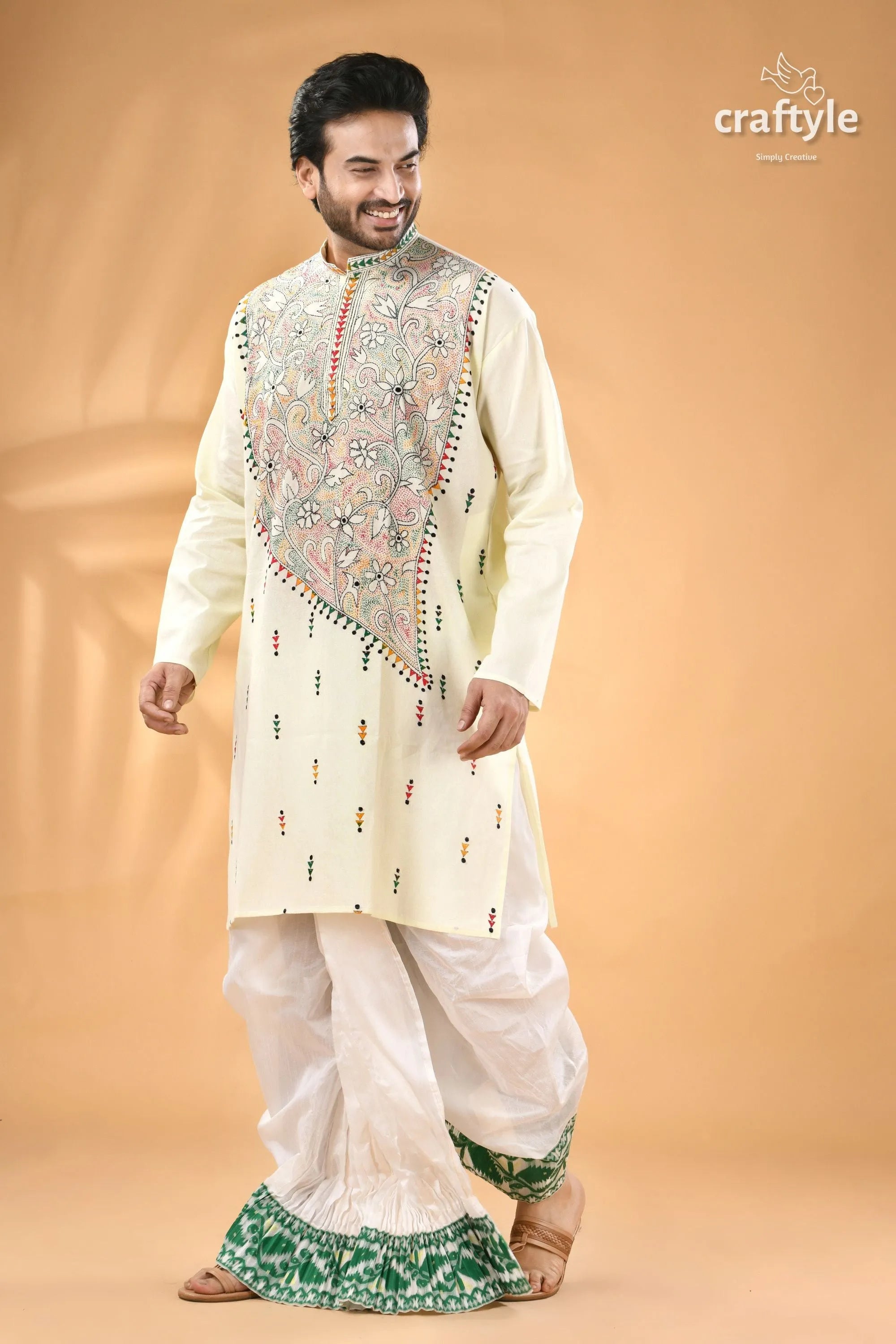 Power white kantha work ethnic cotton kurta for men - reverse stitch cream-colored men’s kurta intricate colorful 4