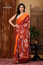 Premium cotton batik saree with alpana design - handcrafted luxury woman orange maroon floral saree 1