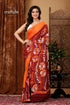 Premium cotton batik saree with alpana design - handcrafted luxury woman orange maroon floral saree 1