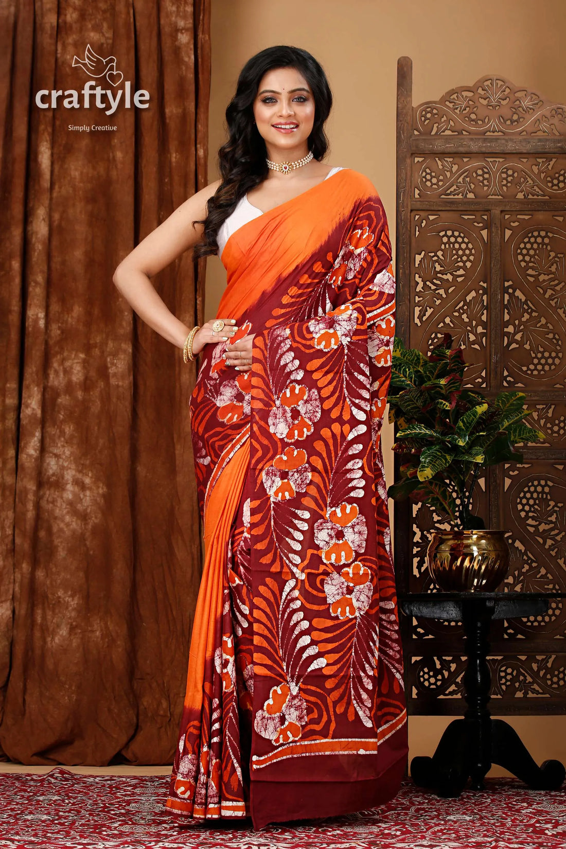 Premium cotton batik saree with alpana design - handcrafted luxury woman orange maroon floral 1