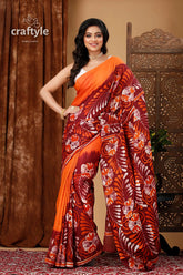 Premium cotton batik saree with alpana design - handcrafted luxury orange maroon floral saree 4