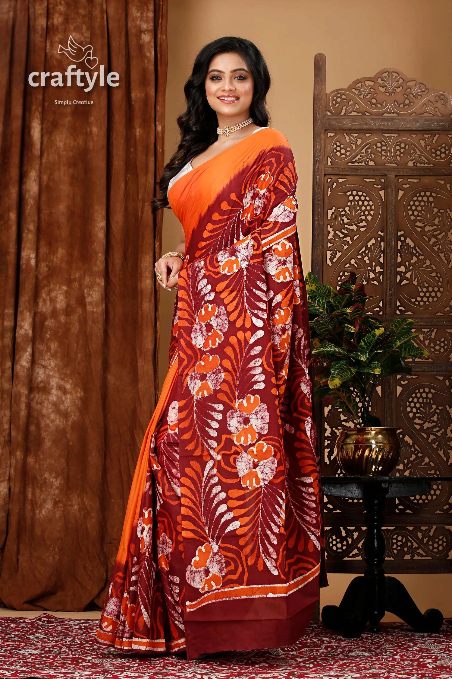 Premium cotton batik saree with alpana design - handcrafted luxury woman orange maroon floral saree 3
