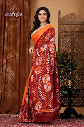 Premium cotton batik saree with alpana design - handcrafted luxury woman orange maroon floral saree 3