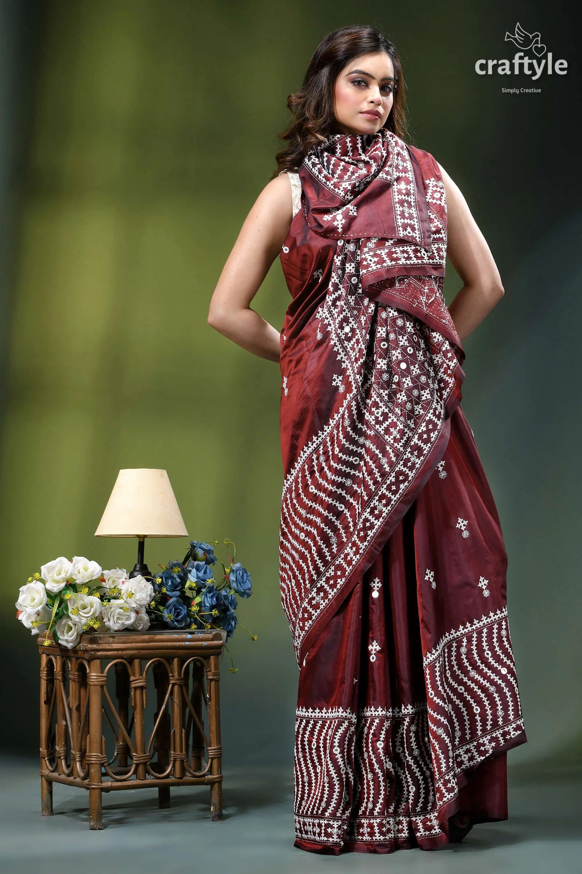 Premium gujrati stitch silk sari in wine color - mirror work maroon silk saree intricate white 6