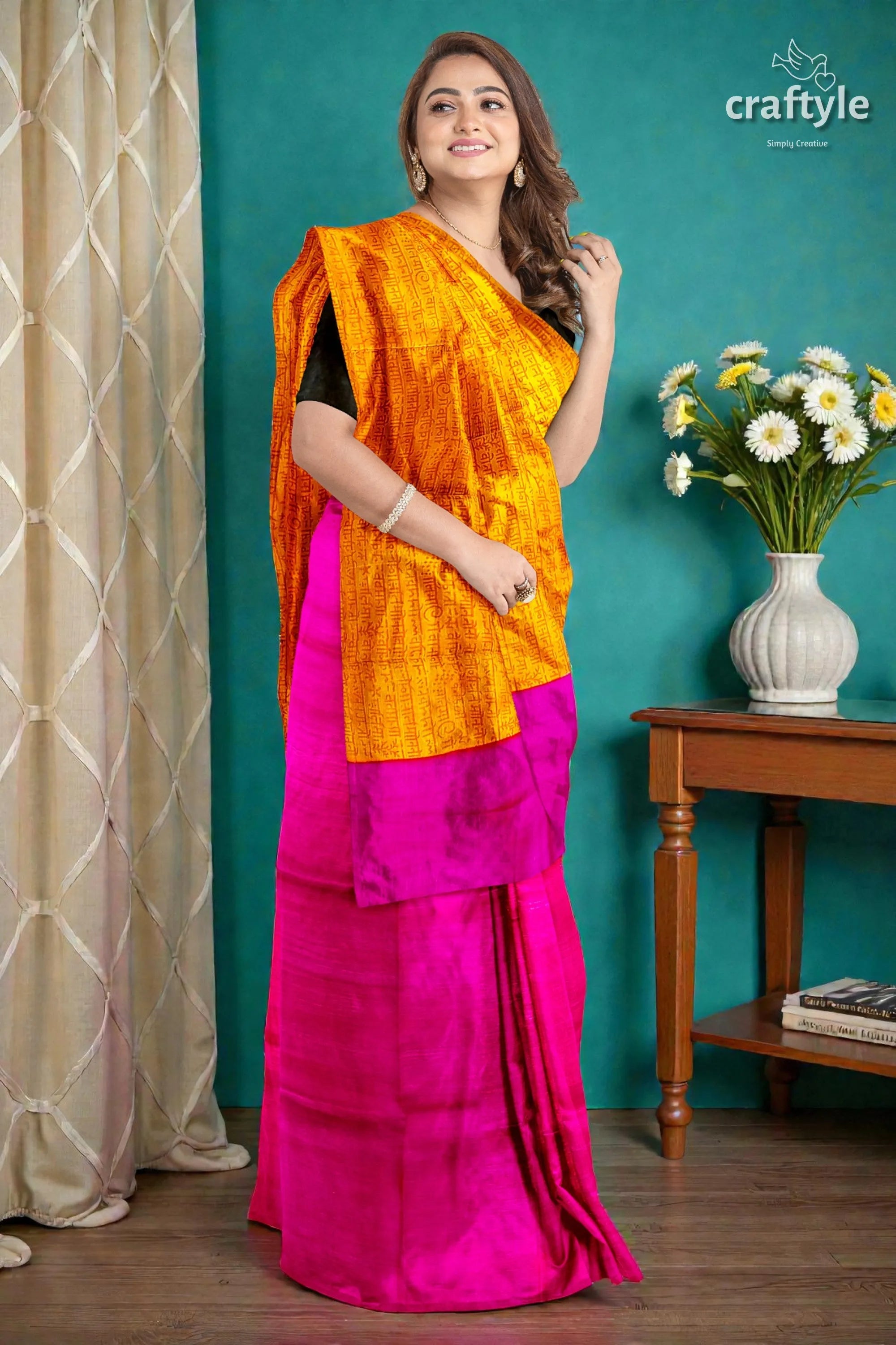 Princeton orange and magenta hand block print saree in pure mulberry silk vibrant orange magenta saree textured 1