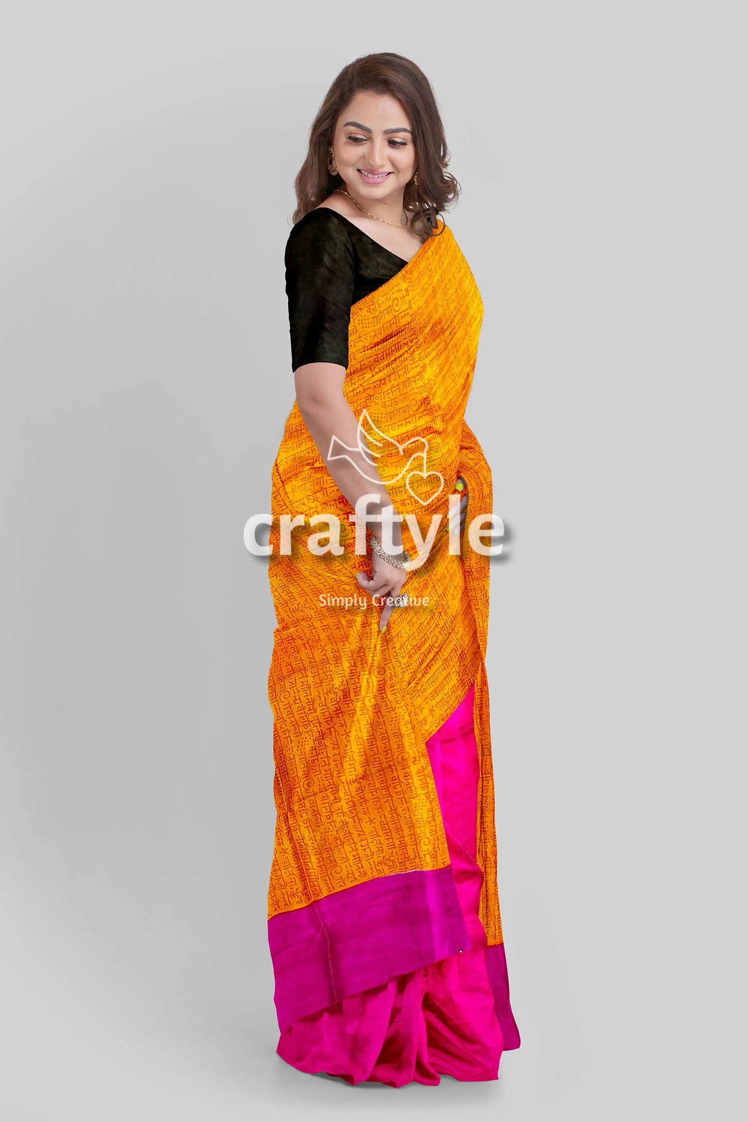 Princeton orange and magenta hand block print saree in pure mulberry silk woman yellow pink saree 3