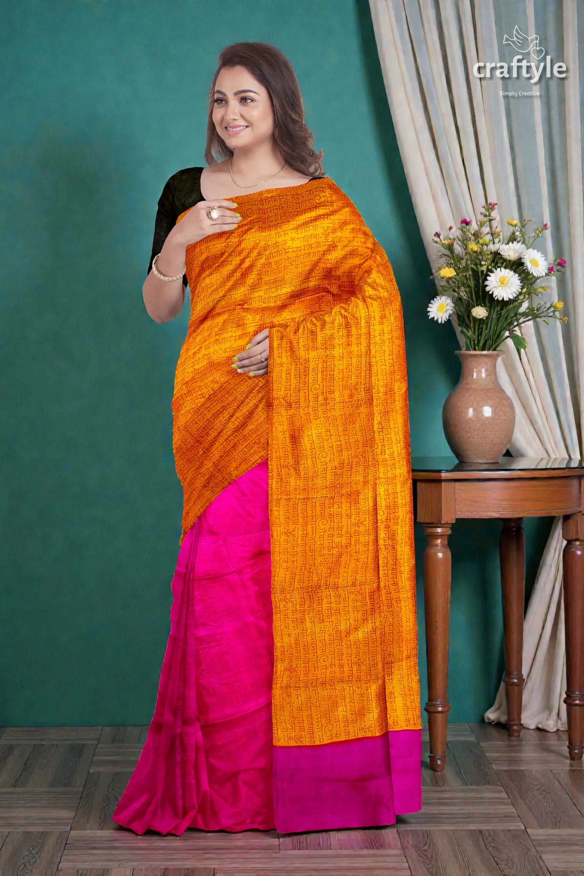 Princeton orange and magenta hand block print saree in pure mulberry silk 4