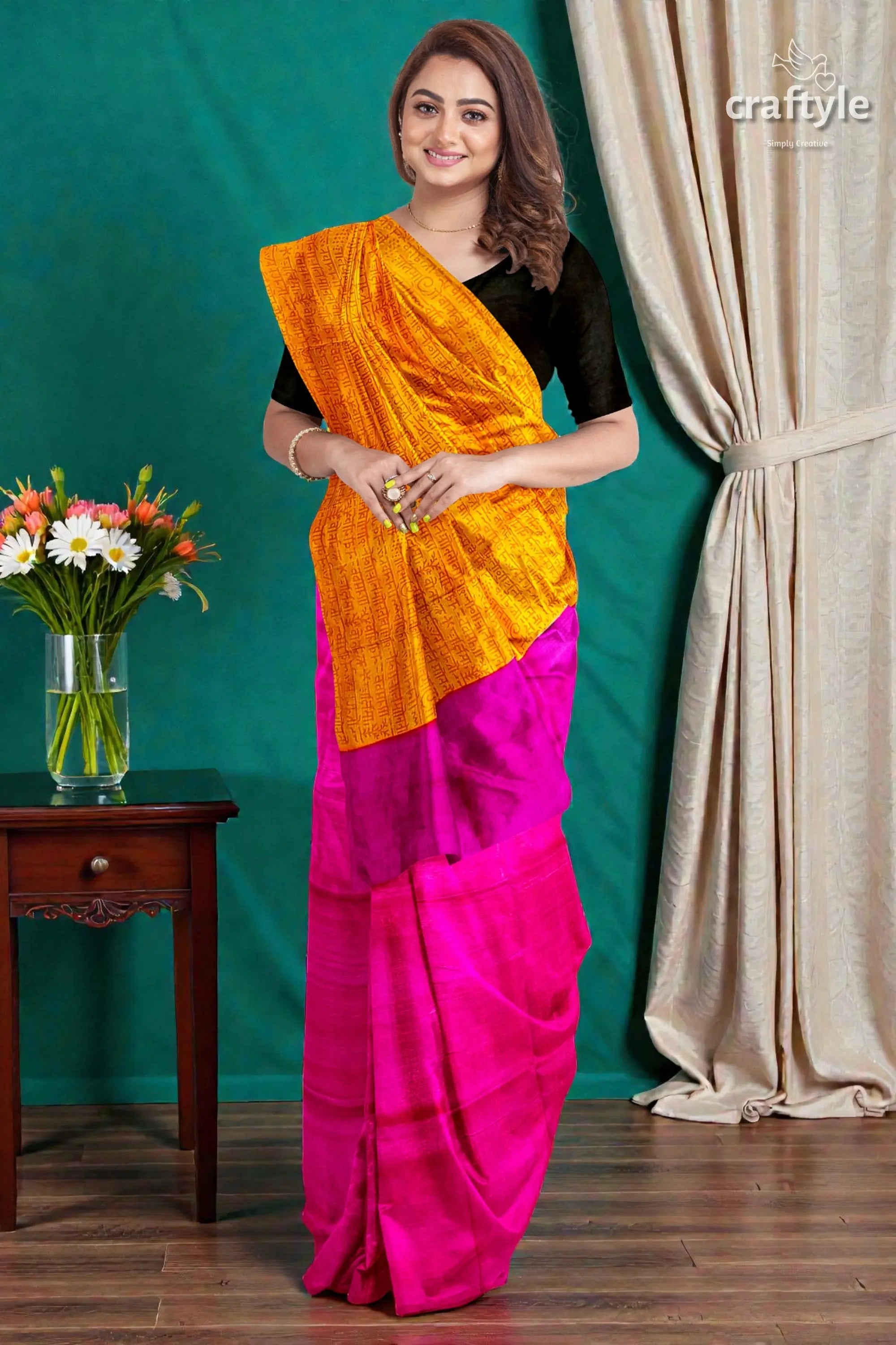 Princeton orange and magenta hand block print saree in pure mulberry silk 2