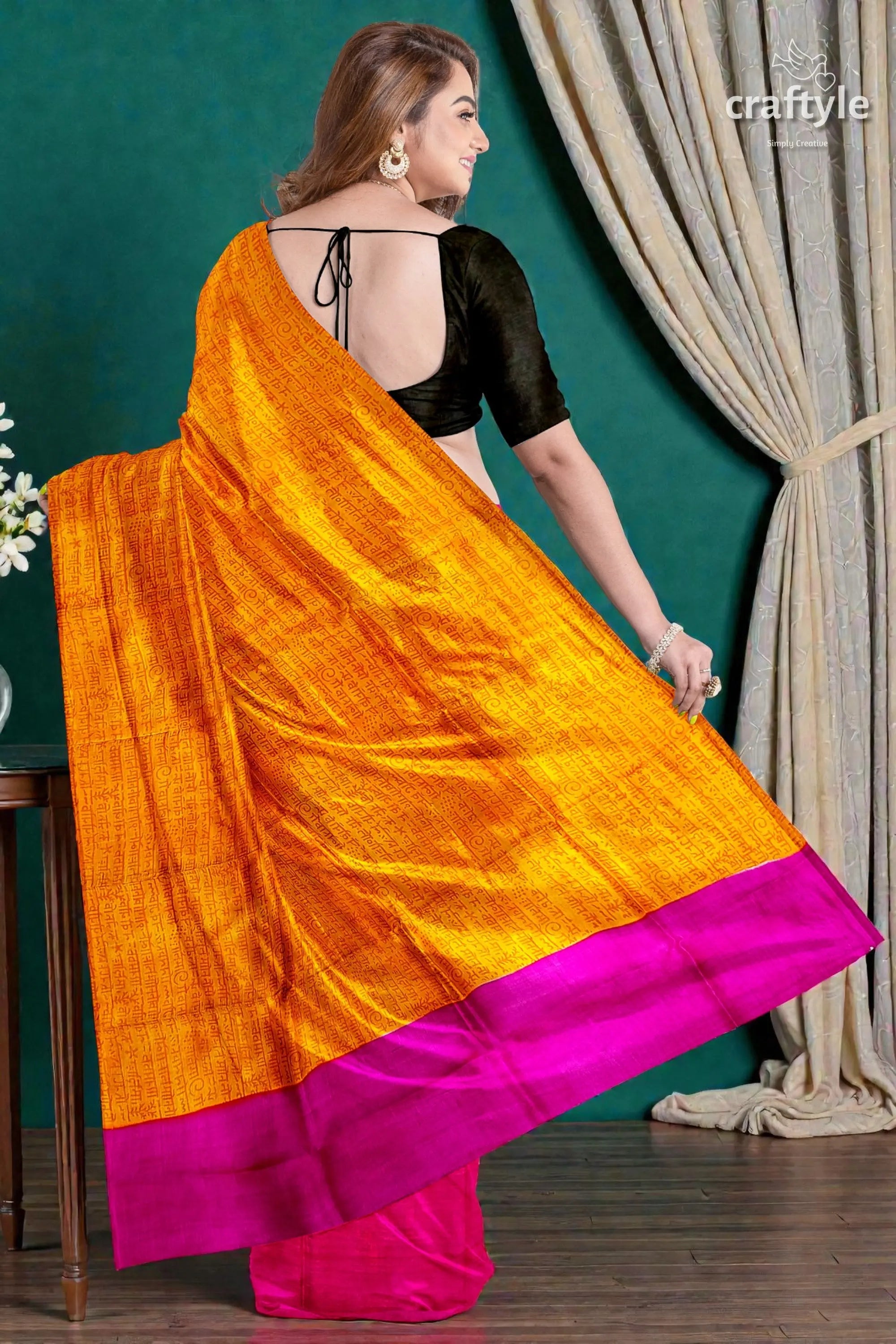 Princeton orange and magenta hand block print saree in pure mulberry silk 5