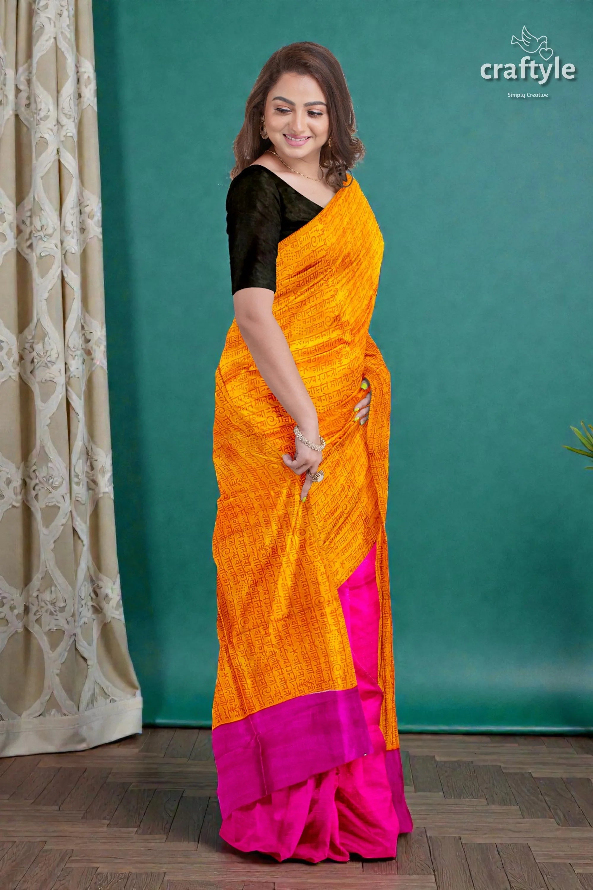 Princeton orange and magenta hand block print saree in pure mulberry silk vibrant orange fuchsia saree textured 3
