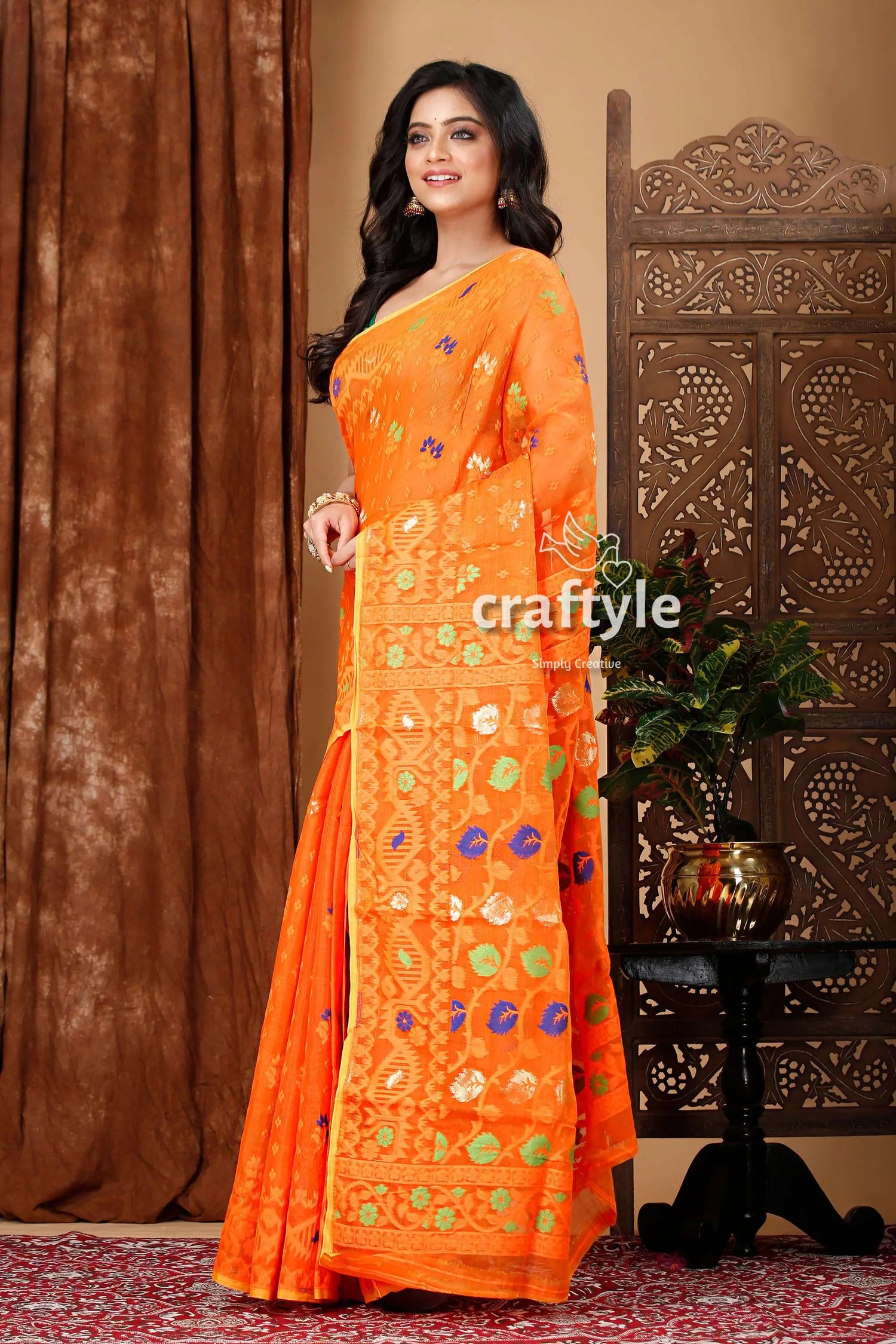 Pumpkin orange bengal handloom jamdani saree orange patterned saree 3