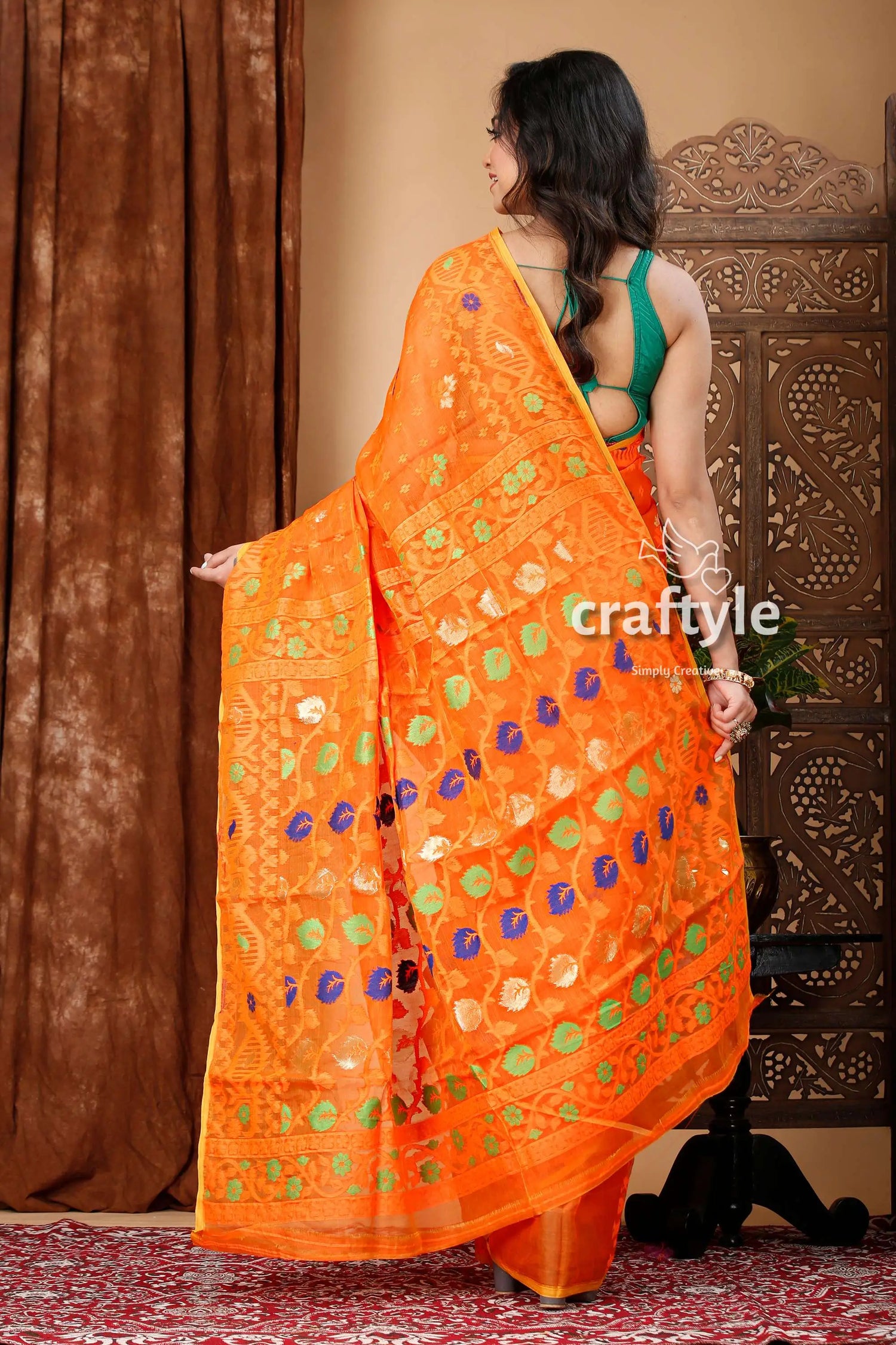 Pumpkin orange bengal handloom jamdani saree orange patterned saree 5