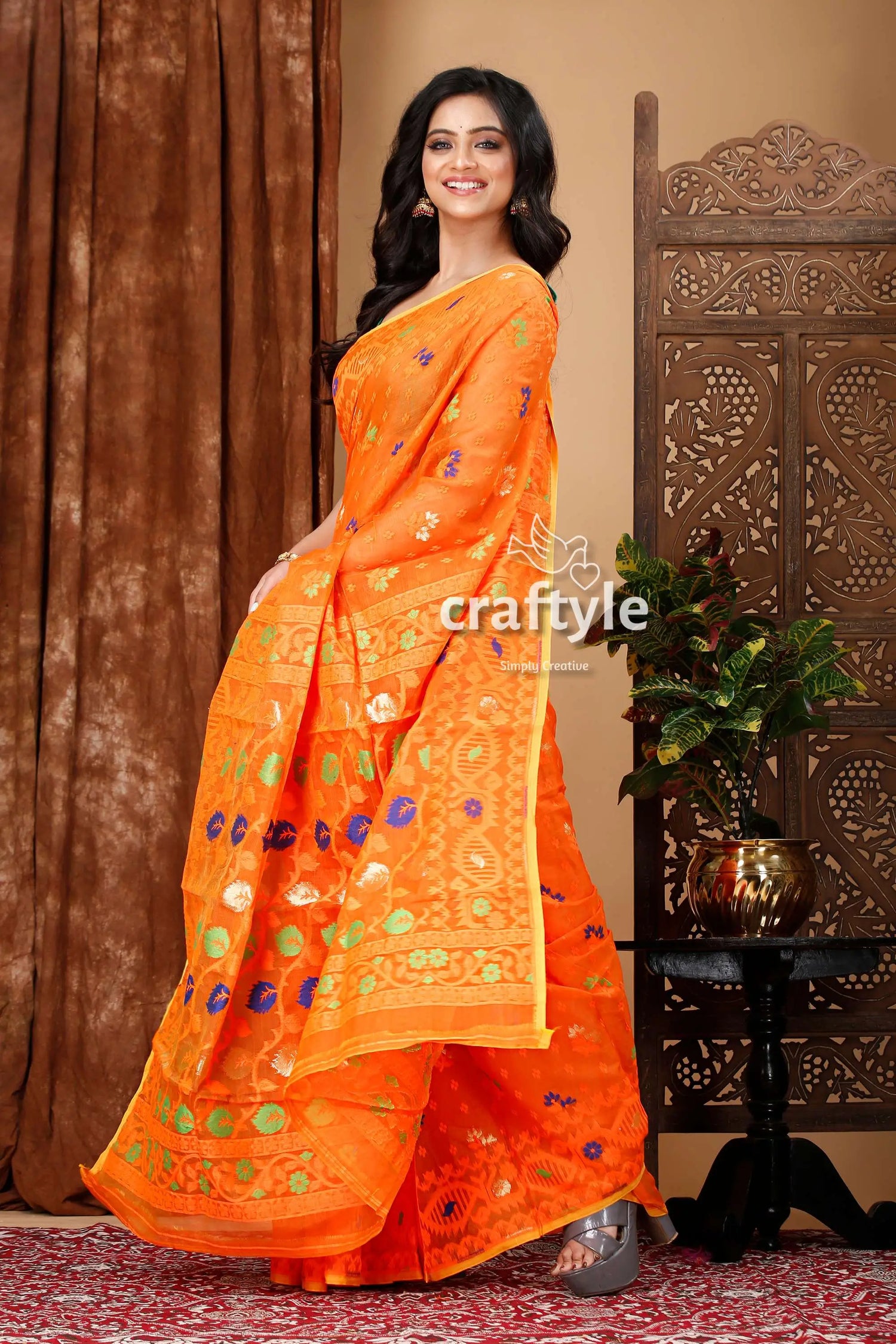 Pumpkin orange bengal handloom jamdani saree orange saree colorful floral patterns 4