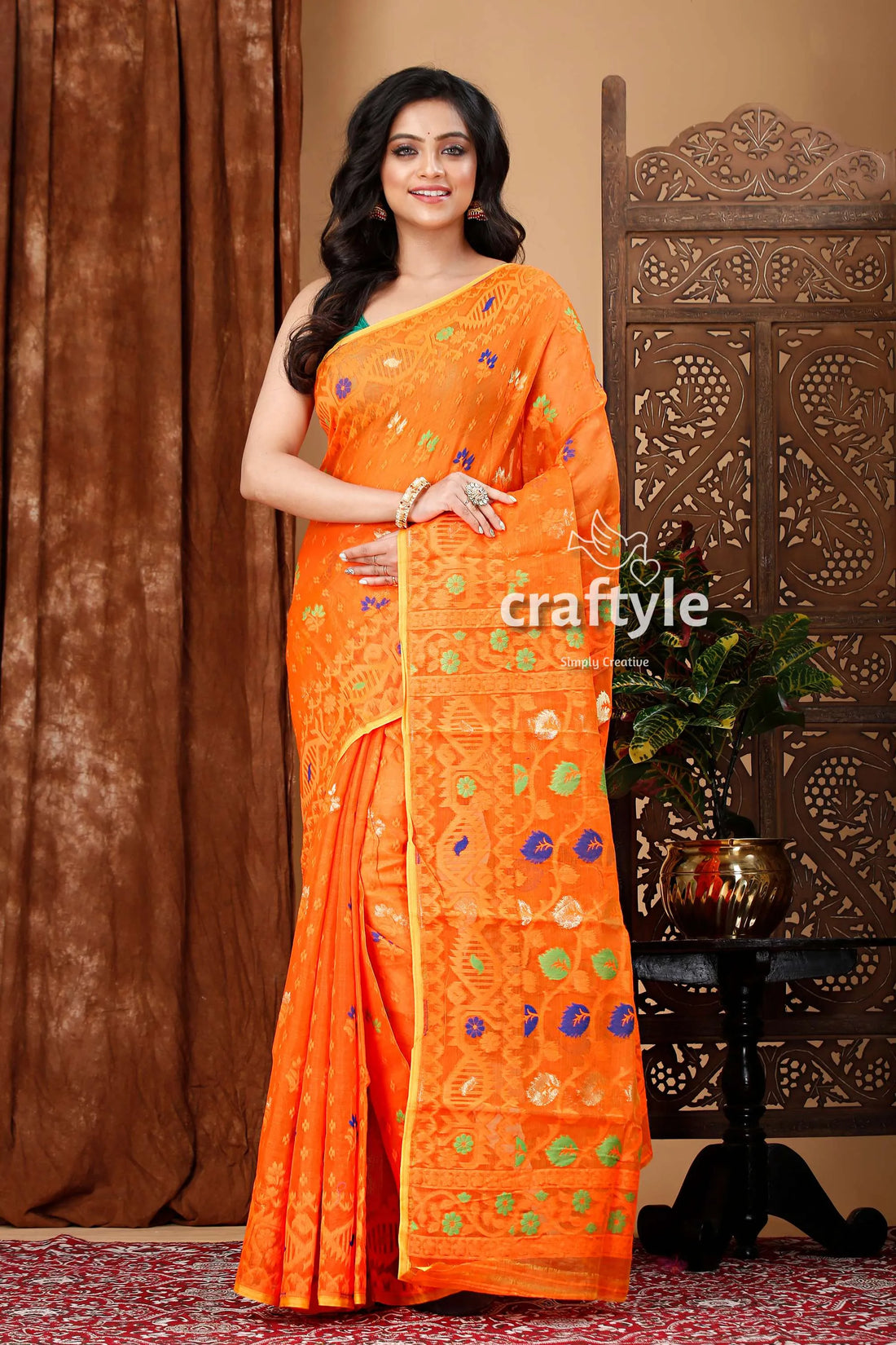 Pumpkin orange bengal handloom jamdani saree patterned 1