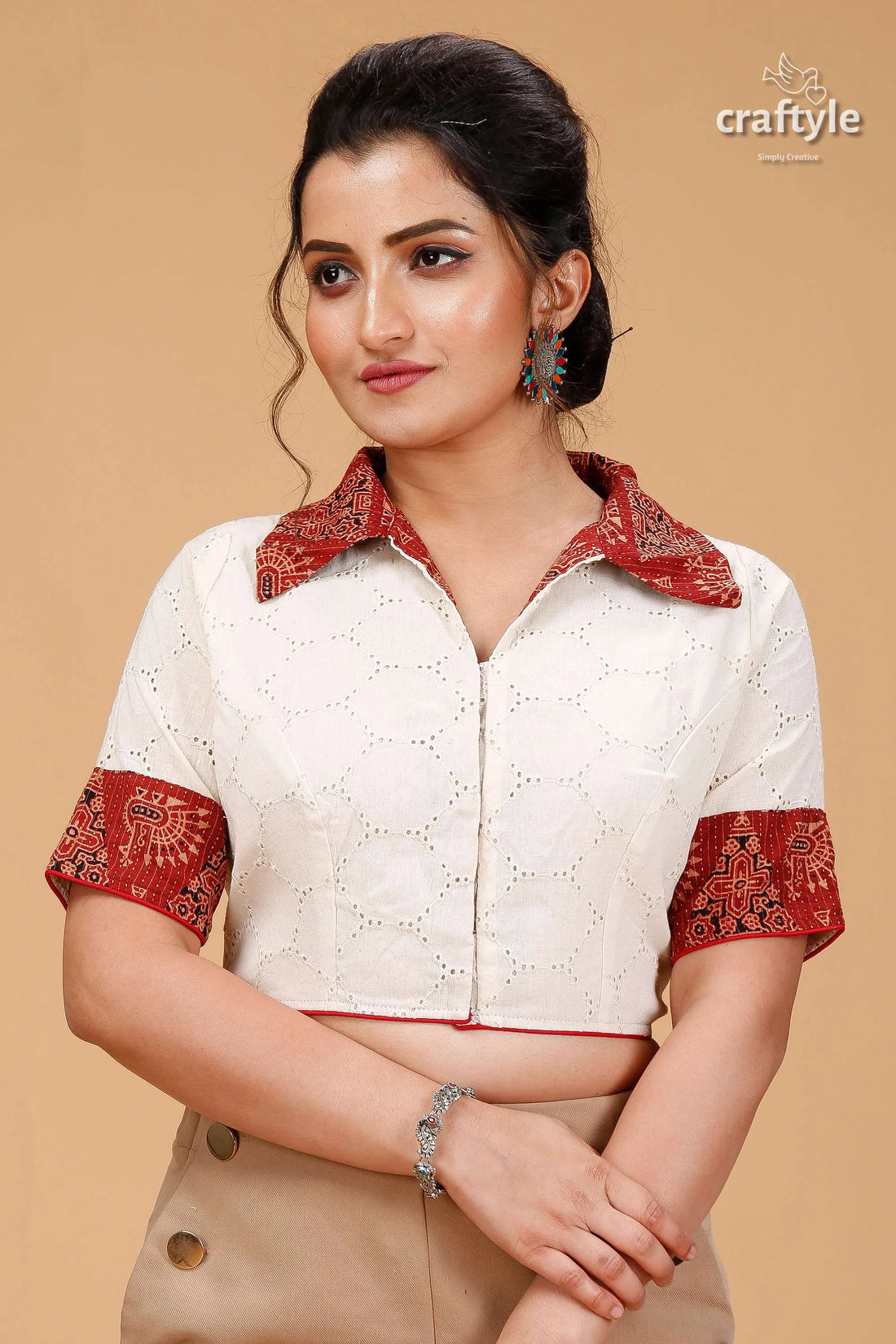 Pure cotton hakoba blouse - off white designer style woman cropped red 1