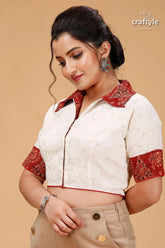 Pure cotton hakoba blouse - off white designer style white short-sleeved red patterned collar 3