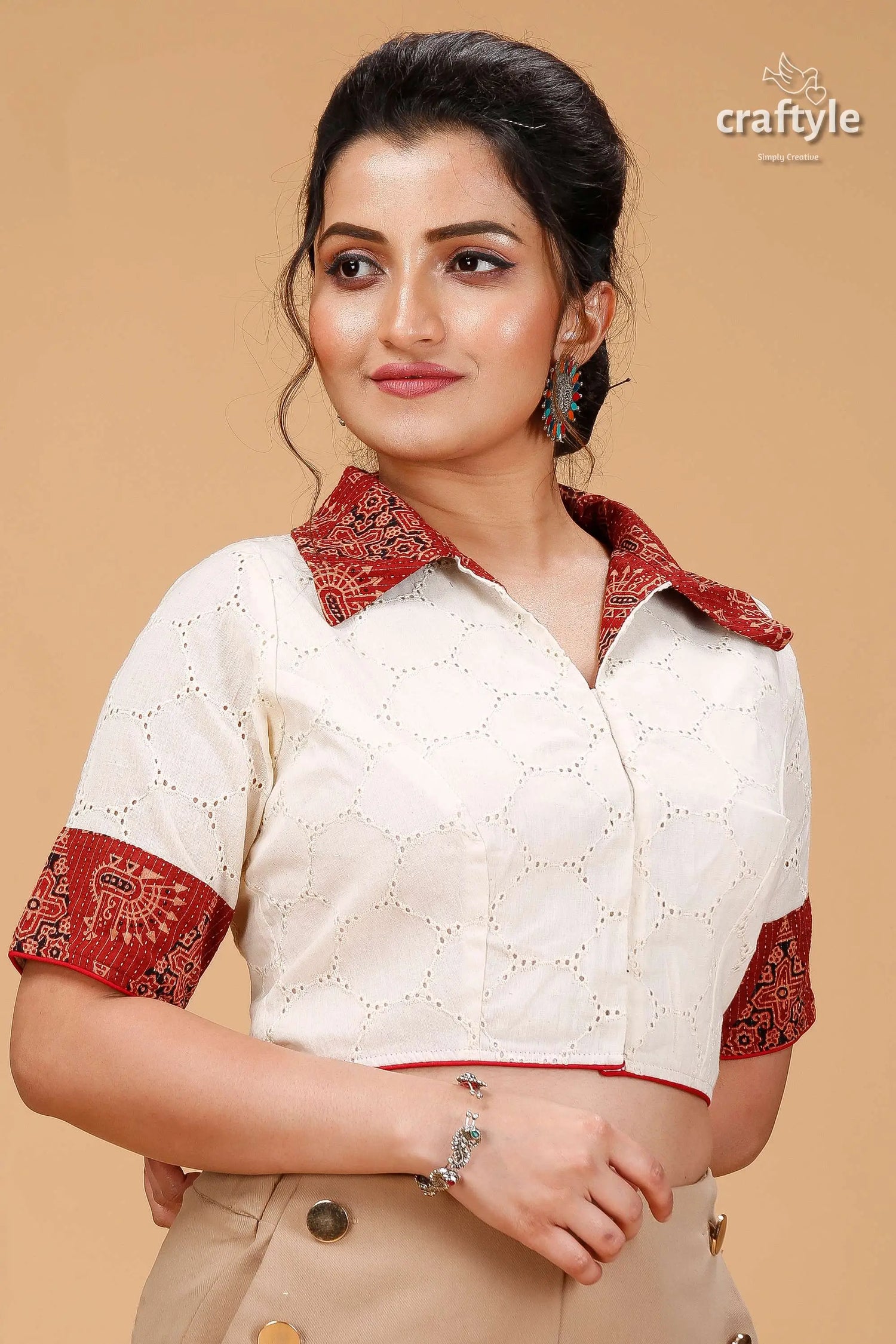 Pure cotton hakoba blouse - off white designer style woman off-white collared crop reddish-brown 4