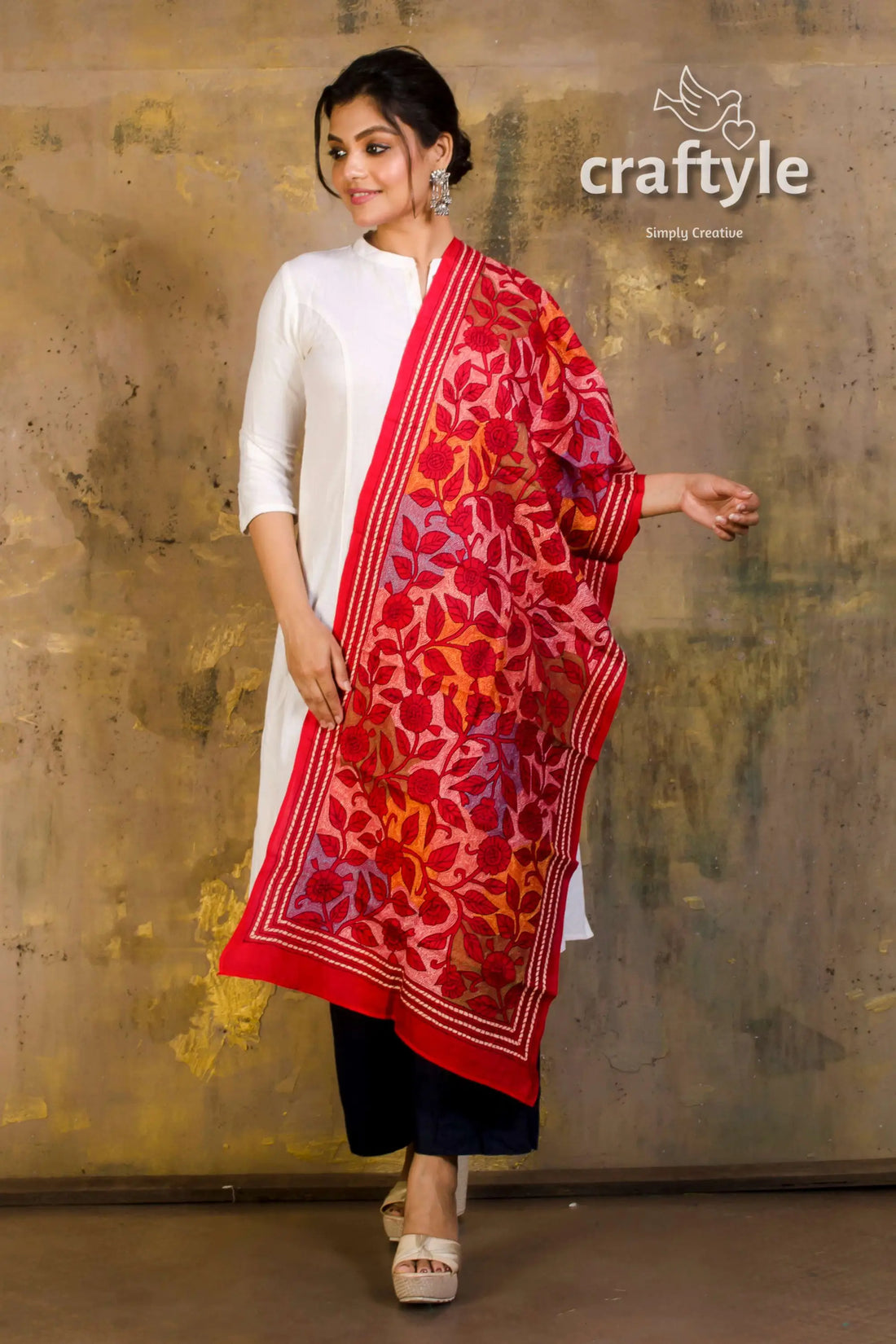 Pure silk embroidered kantha stole woman’s red floral dupatta 2