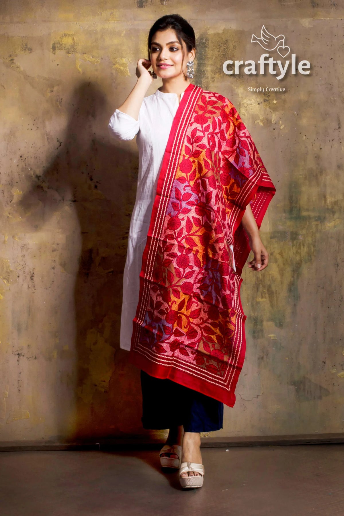 Pure silk embroidered kantha stole woman red floral shawl 3