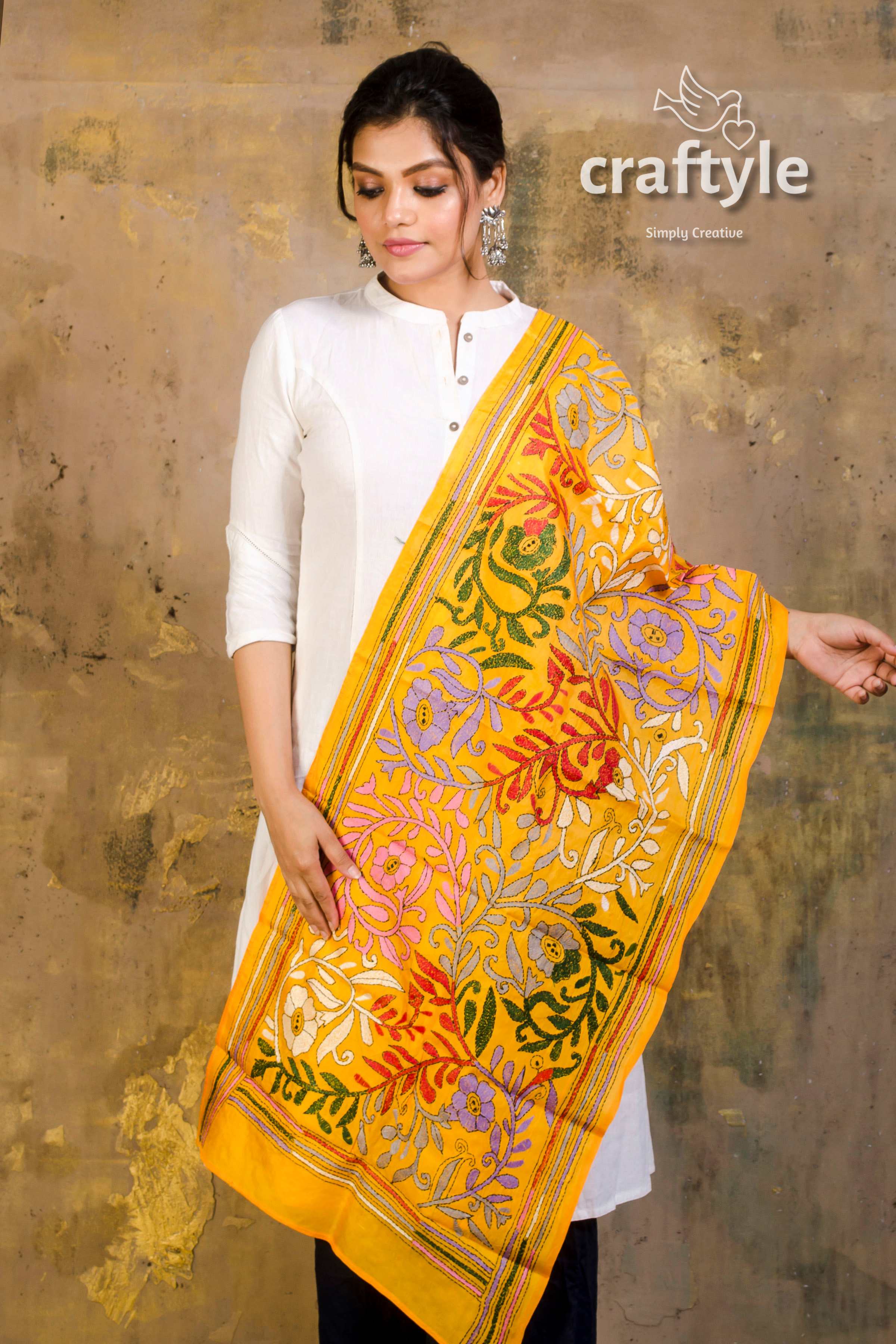 Pure Silk Embroidered Kantha Stole - Craftyle