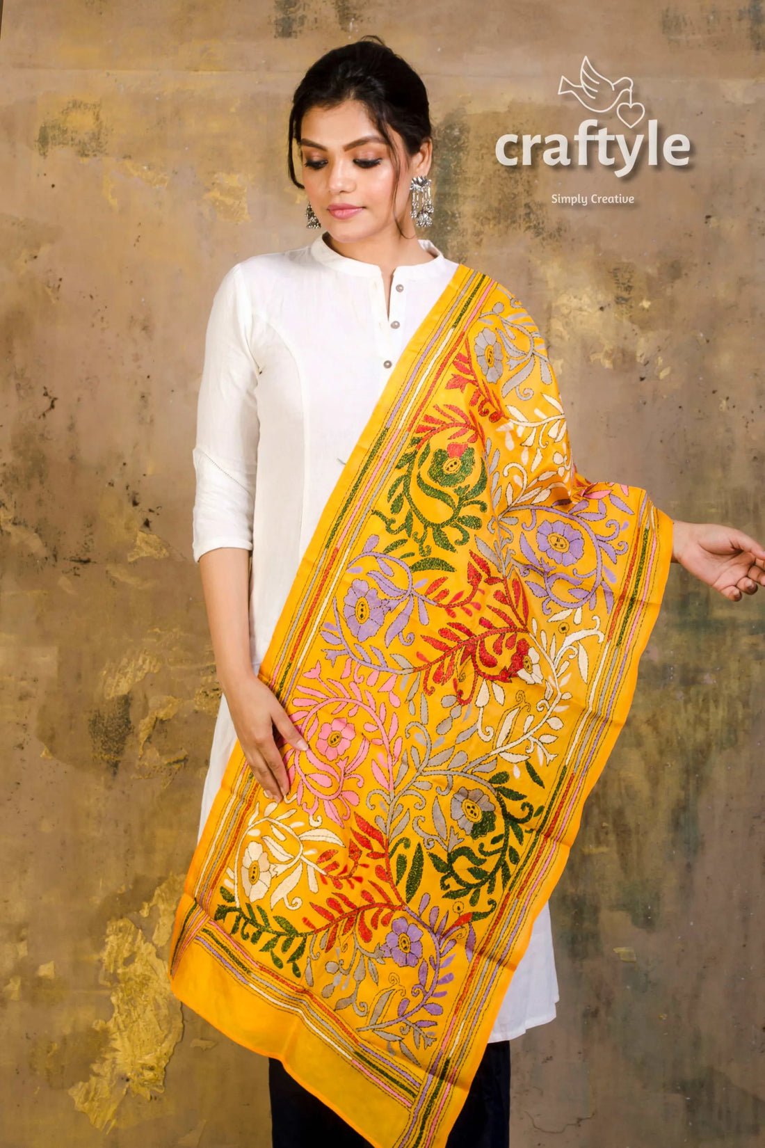 Pure silk embroidered kantha stole yellow floral dupatta 2