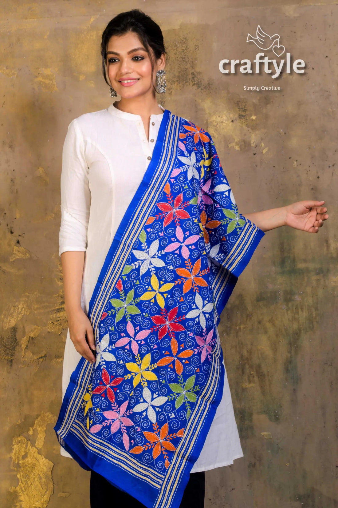 Pure silk embroidered kantha stole blue floral dupatta 2
