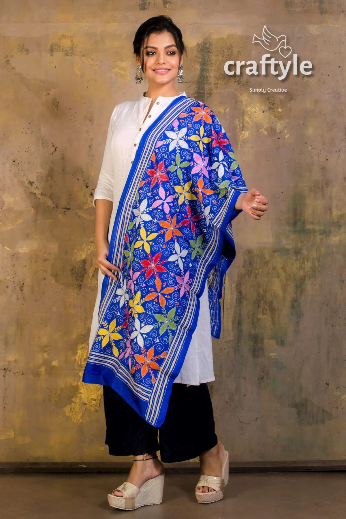 Pure silk embroidered kantha stole woman blue floral shawl 3
