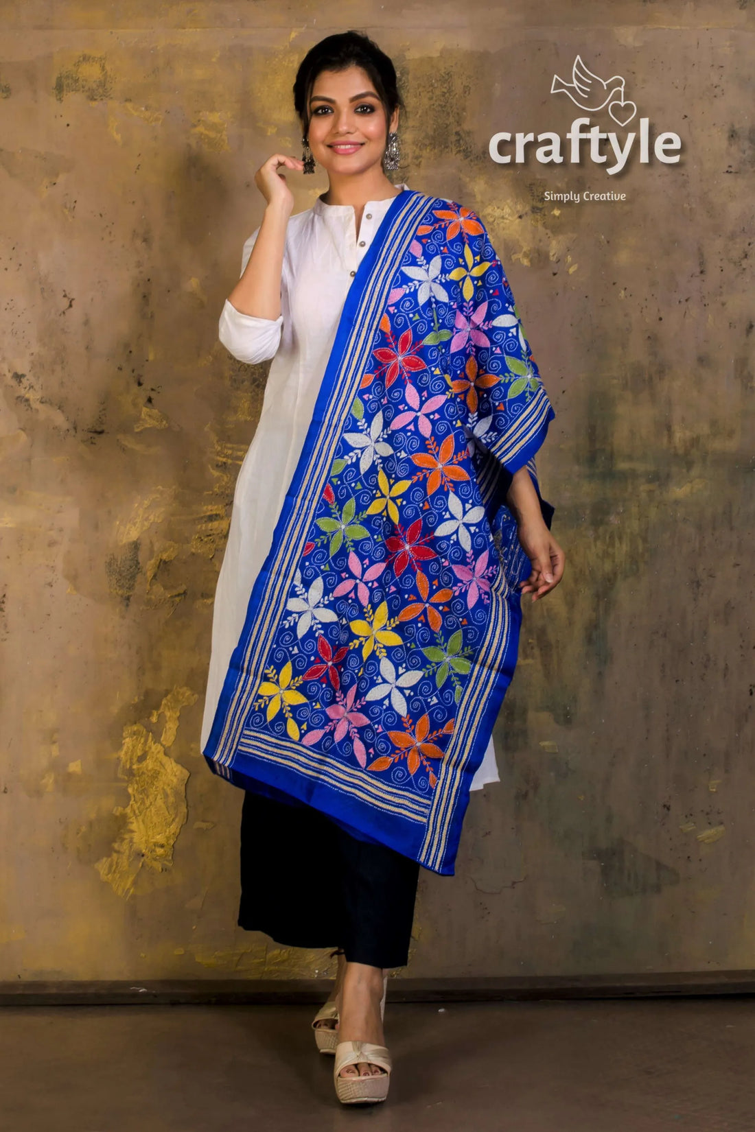 Pure silk embroidered kantha stole blue floral shawl 1