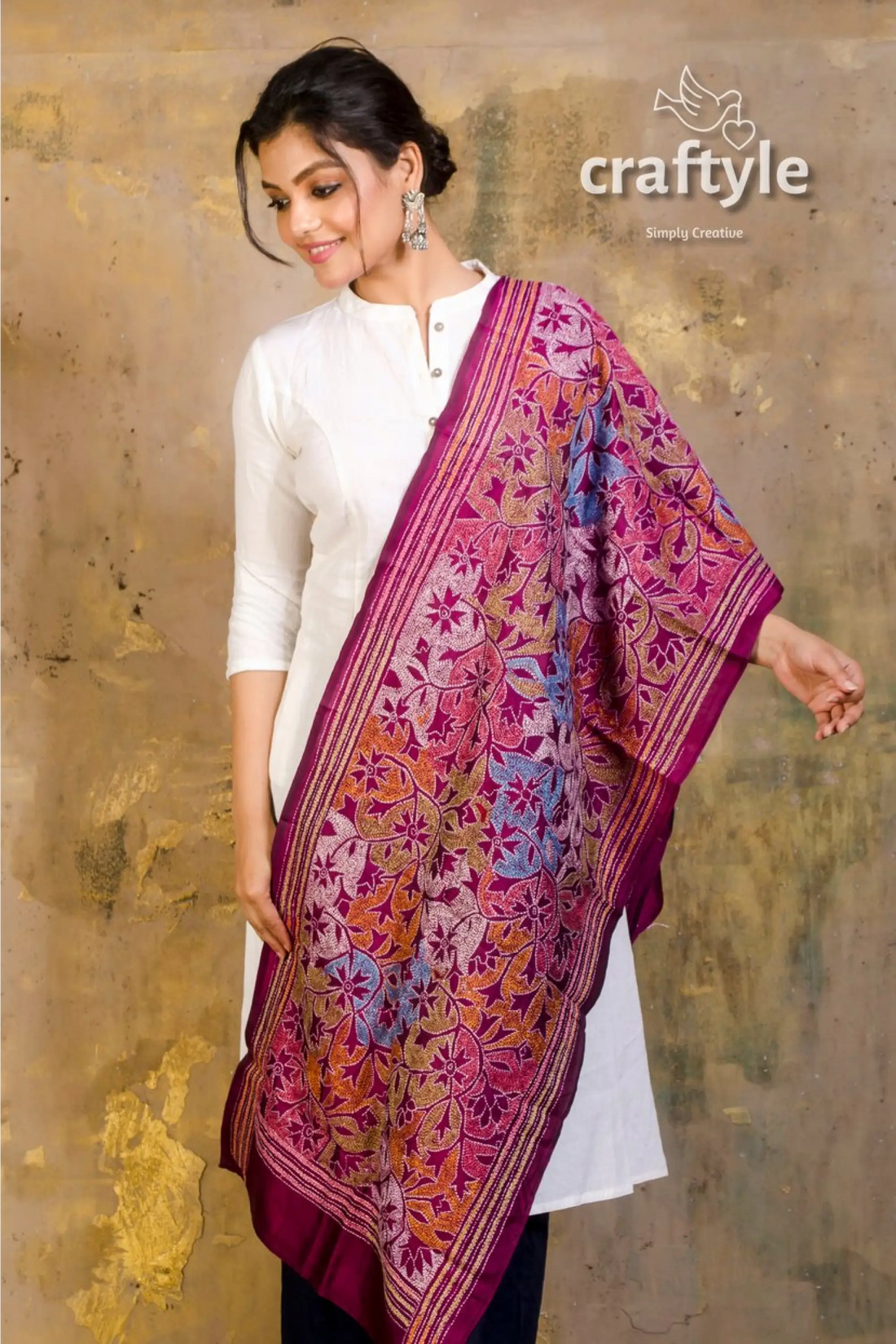 Pure Silk Embroidered Kantha Stole - Craftyle