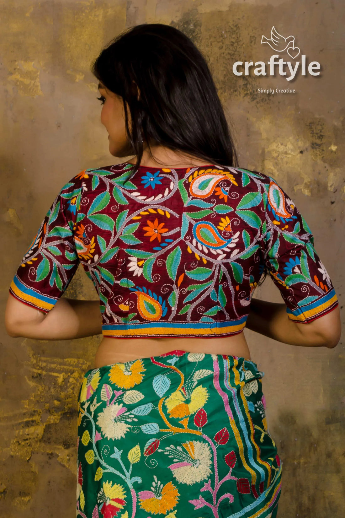 Pure silk kantha stitch blouse embroidered saree 2