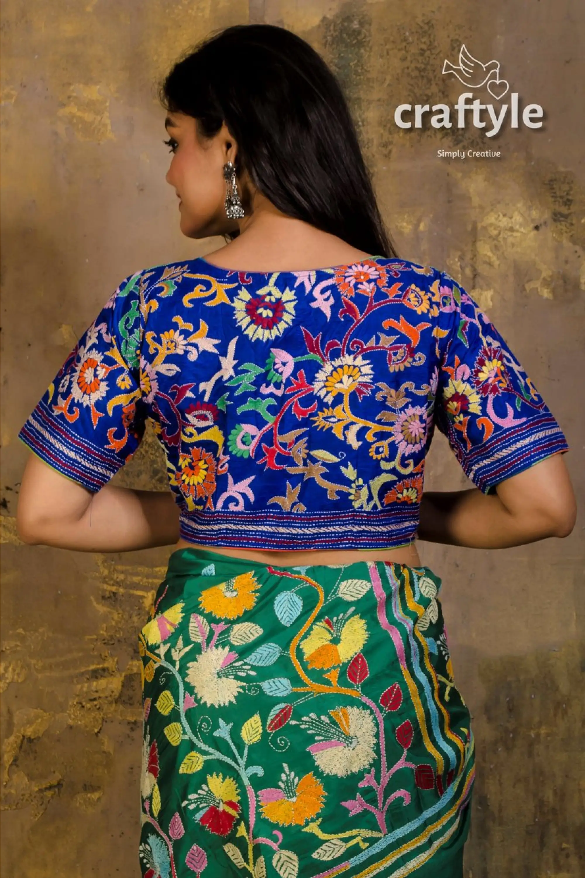 Pure silk kantha stitch blouse embroidered blue blouse green sari 2