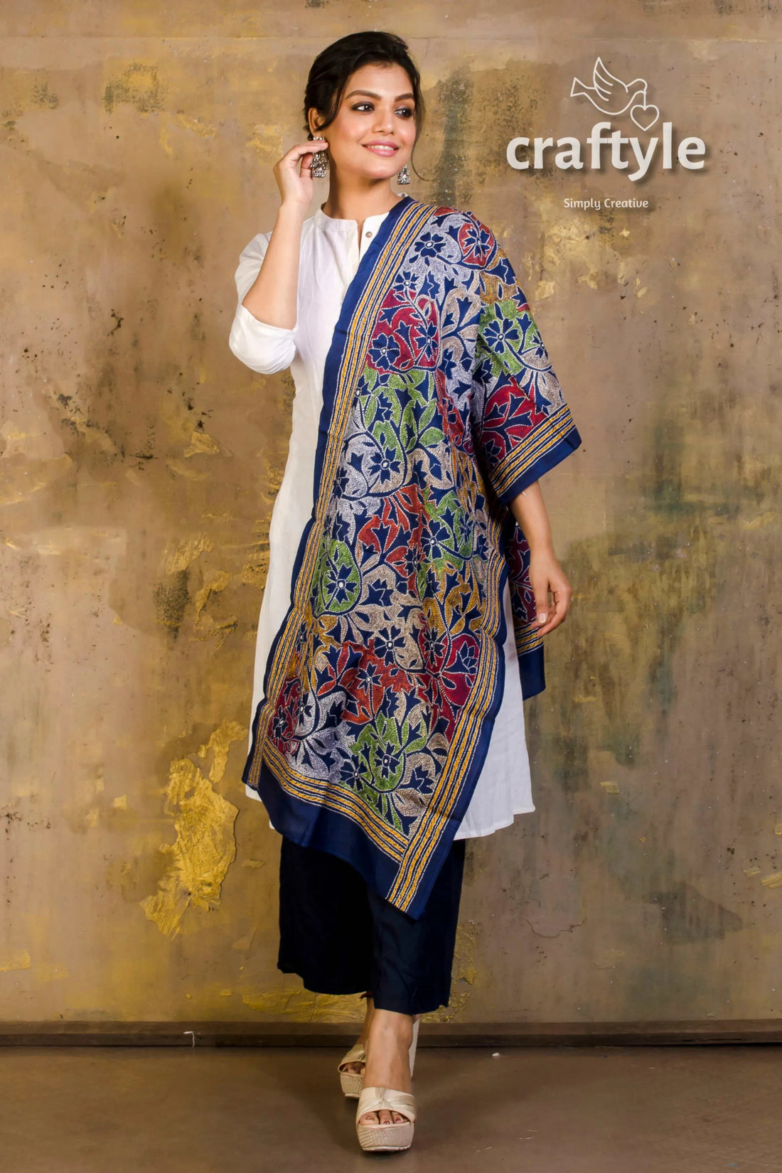 Pure silk kantha stitch stole woman’s colorful floral shawl 1